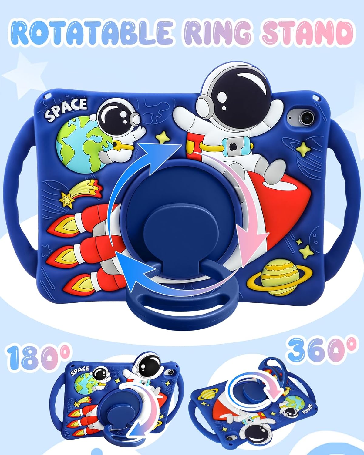 Boaretiu for iPad A16 Case/10th Generation Case - Cool Cute Cartoon Astronaut Spaceship with Strap & Rotating Stand & Handle for Boys Girls Teens 3D Silicone for iPad A16 11th Generation 11 Inch 2025