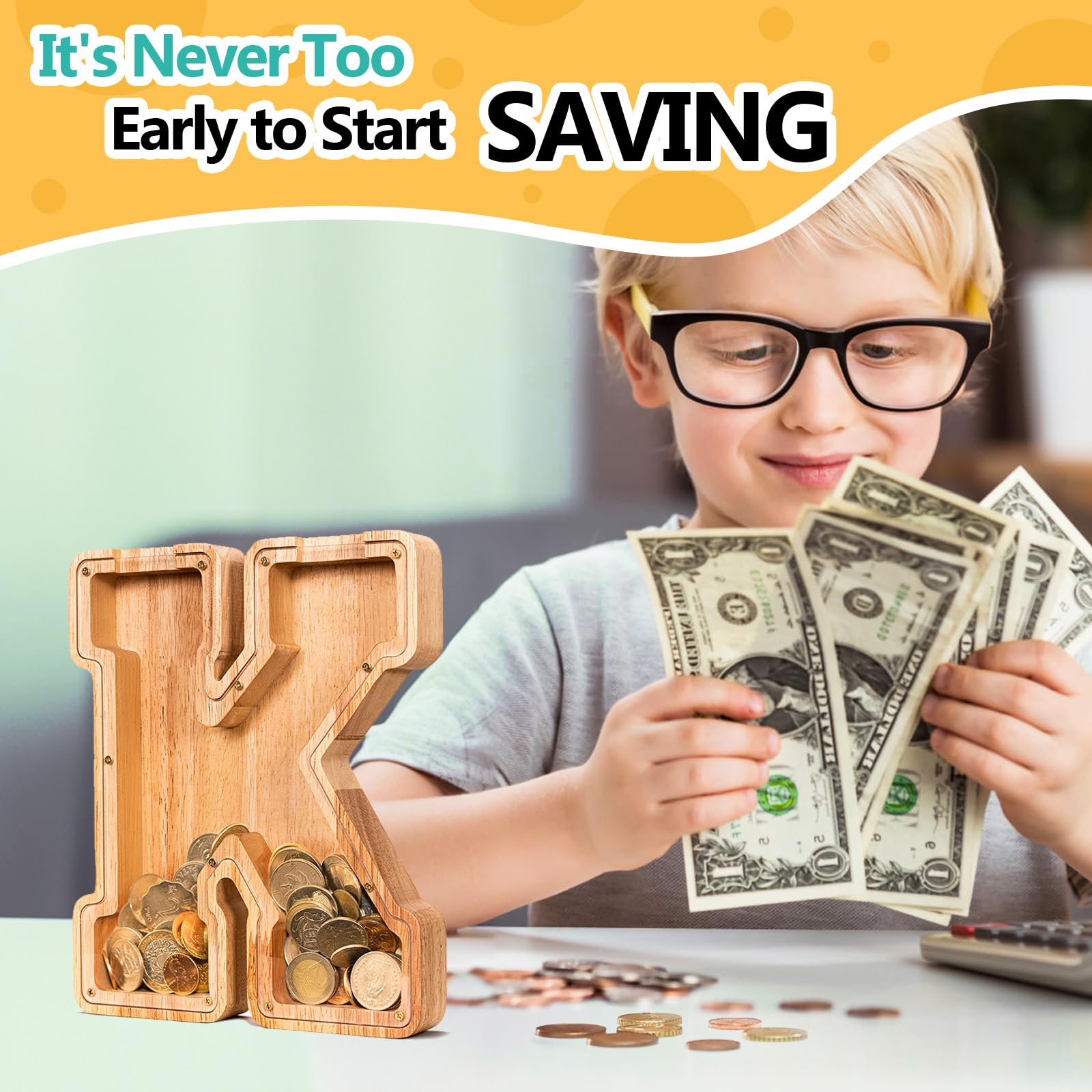 Summidate Salvadanaio Con Lettera in Legno A-Z, Banca dei Soldi Personalizzato per Bambini e Bambine | Regalo di Compleanno Con Banca di Monete