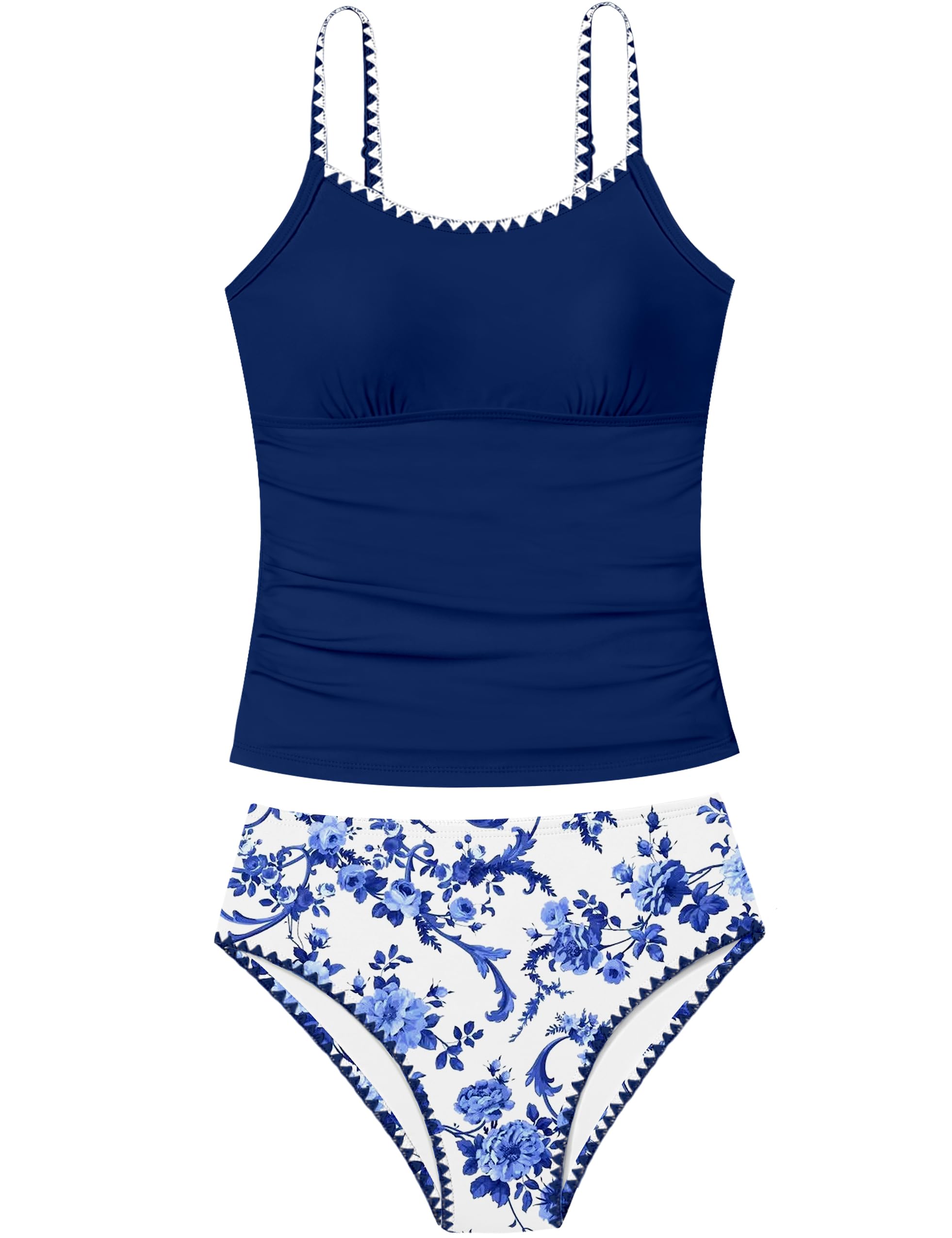 Girls Swimsuit Solid Color Tankini Contrast Trim Swimwear 2 Piece Bathing Suit Padded Swimsuits for Teens 9-16Y