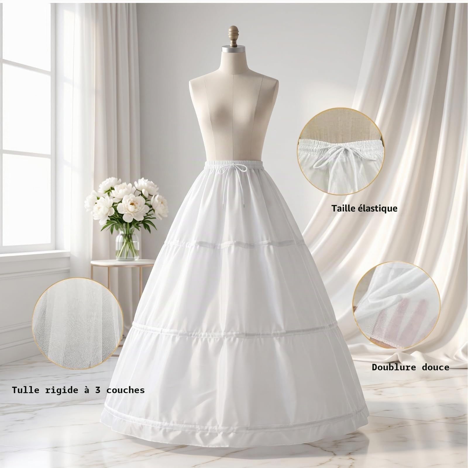 Jupon Crinoline Long de Femme, 3 Couches Cerceaux, Jupon pour Robe Mariée de Mariage, Mi-Longue Crinoline Demi-Slips, 3 Hoops pour Demoiselle d'honneur Mariage, Blanc, Élégance et Confort