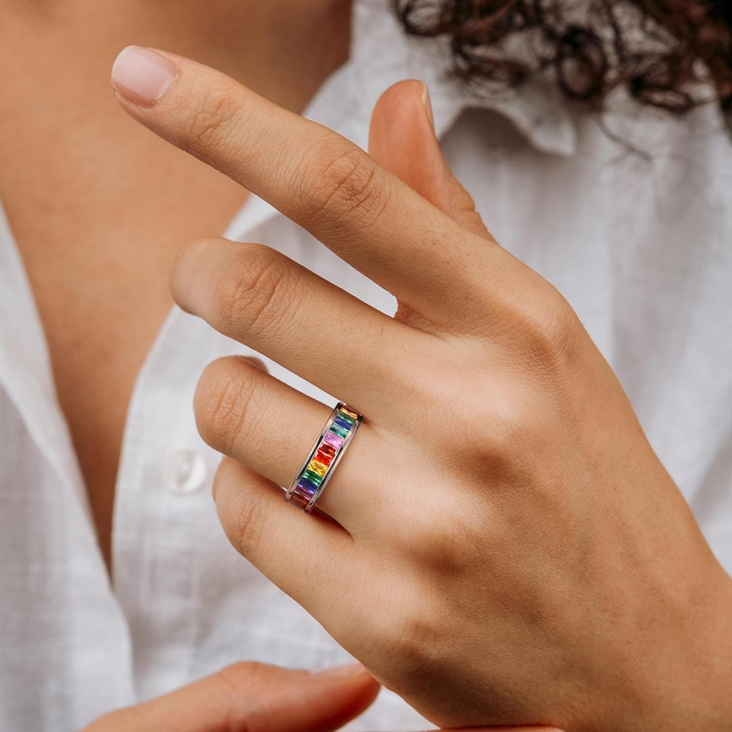 King Will 6mm Women Eternity Rings Colorful CZ Stackable Bands Polished Stainless Steel Anniversary Band Pipe Cut Engagement Ring Durable Comfort Fit Size 6-10