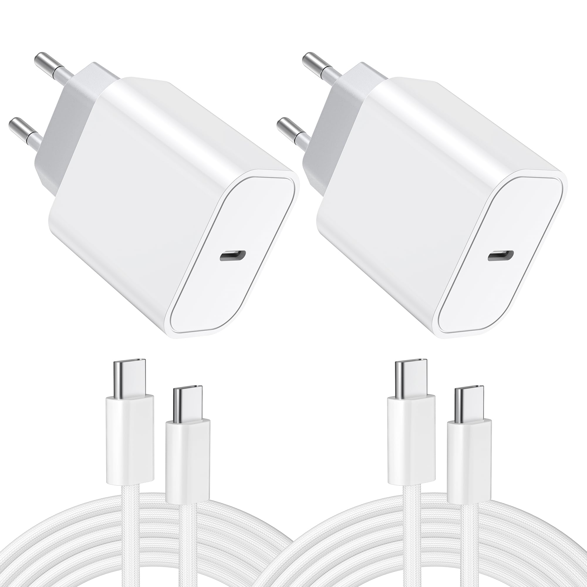 2-Pack 25W USB C Ladegerät, Schnellladegerät Stecker mit 2M Kabel Ladegerät für iPhone 17 16 15 Pro Max Plus, iPad Netzteil, Samsung Handys USBC Fast Charger USBC PD 3.0 Power Adapter Ladestecker