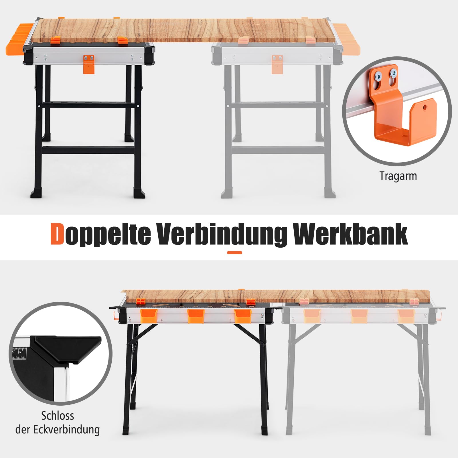 GYMAX 84,5cm Klappbare Werkbank, tragbare Arbeitsbank mit 2 Schnellspannern, 4 Klemmhaken & 3 Werkzeugkästen, Arbeitstisch bis 454 kg belastbar, für Messen & Reparaturen