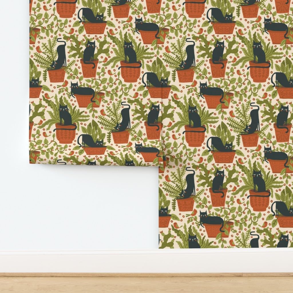 Spoonflower Removable Wallpaper 6ft x 2ft - Black Cats Plants Birds Terracotta Green Leaves Botanical Custom Pre-Pasted Wallpaper