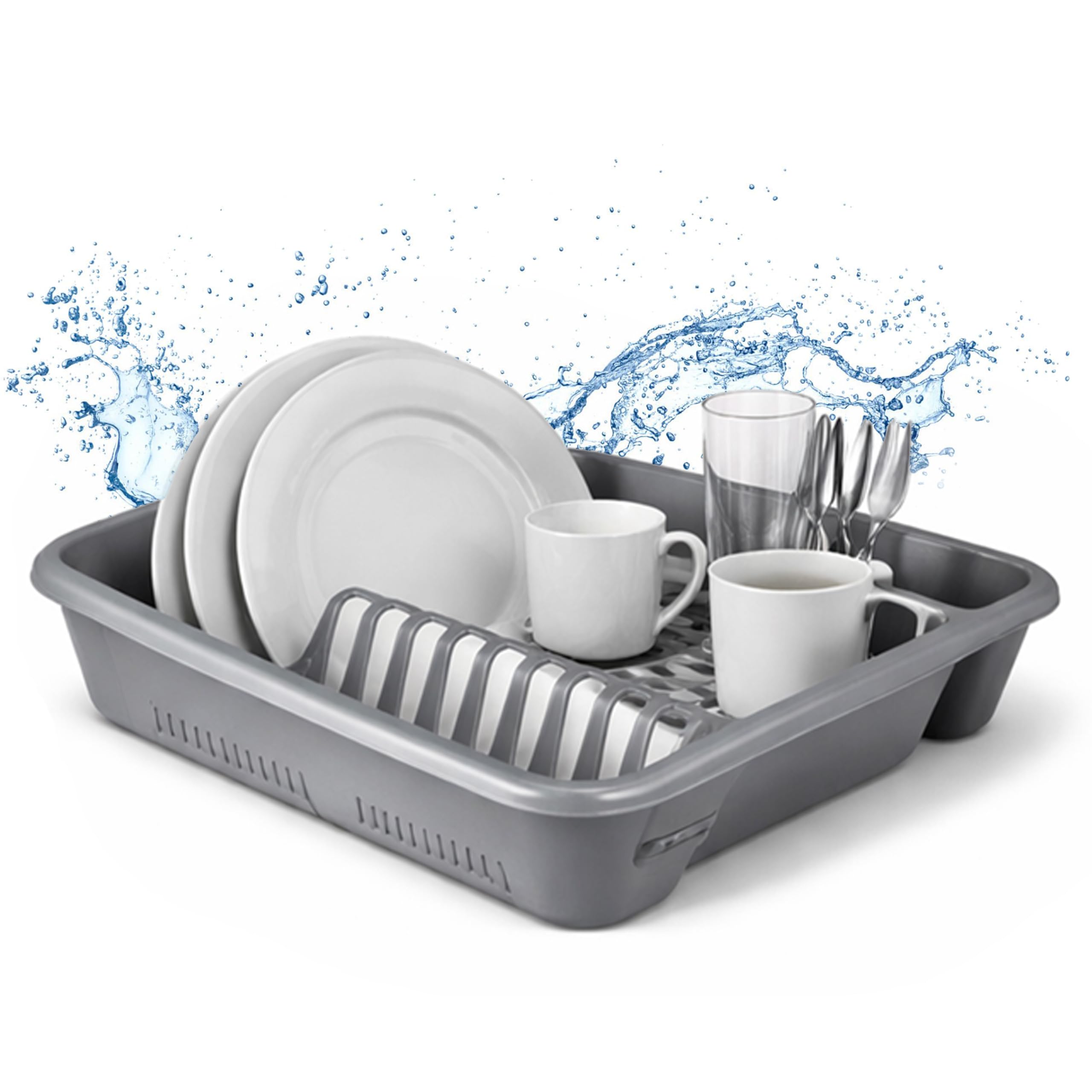 Ploutos World Wide Plastic Kitchen Sink Dish Drainer โ Cutlery, Plate & Cup Drying Rack, Countertop Drainer Holder with Removable Cutlery Section, Durable Sink Drip Tray Organizer (Grey) โ image 1