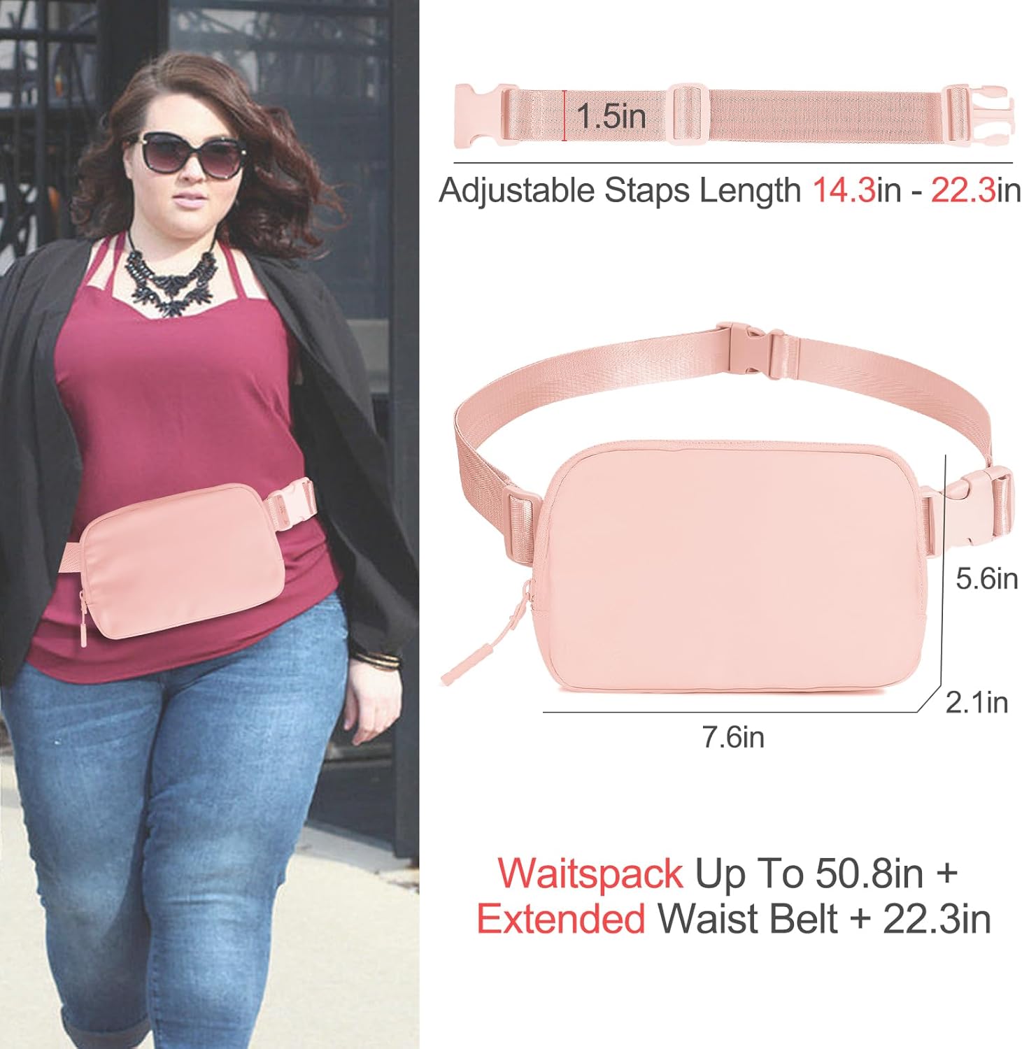Belt Bag with Extender Strap 65'', Plus Size Fanny Pack Crossbody Bags for Women Men, Mini Everywhere Belt Bag, Fashion Small Waist Pouch (Pink + strap) - Image 5