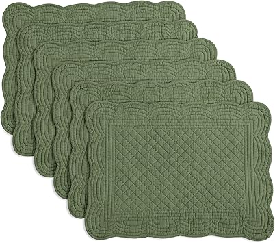 HOMBYS Quilted Placemats Set of 6 Washable-13x18 inches Rectangular Placemats for Kitchen Table-100% Cotton Fabric Rectangular Table Mats, Emerald Green