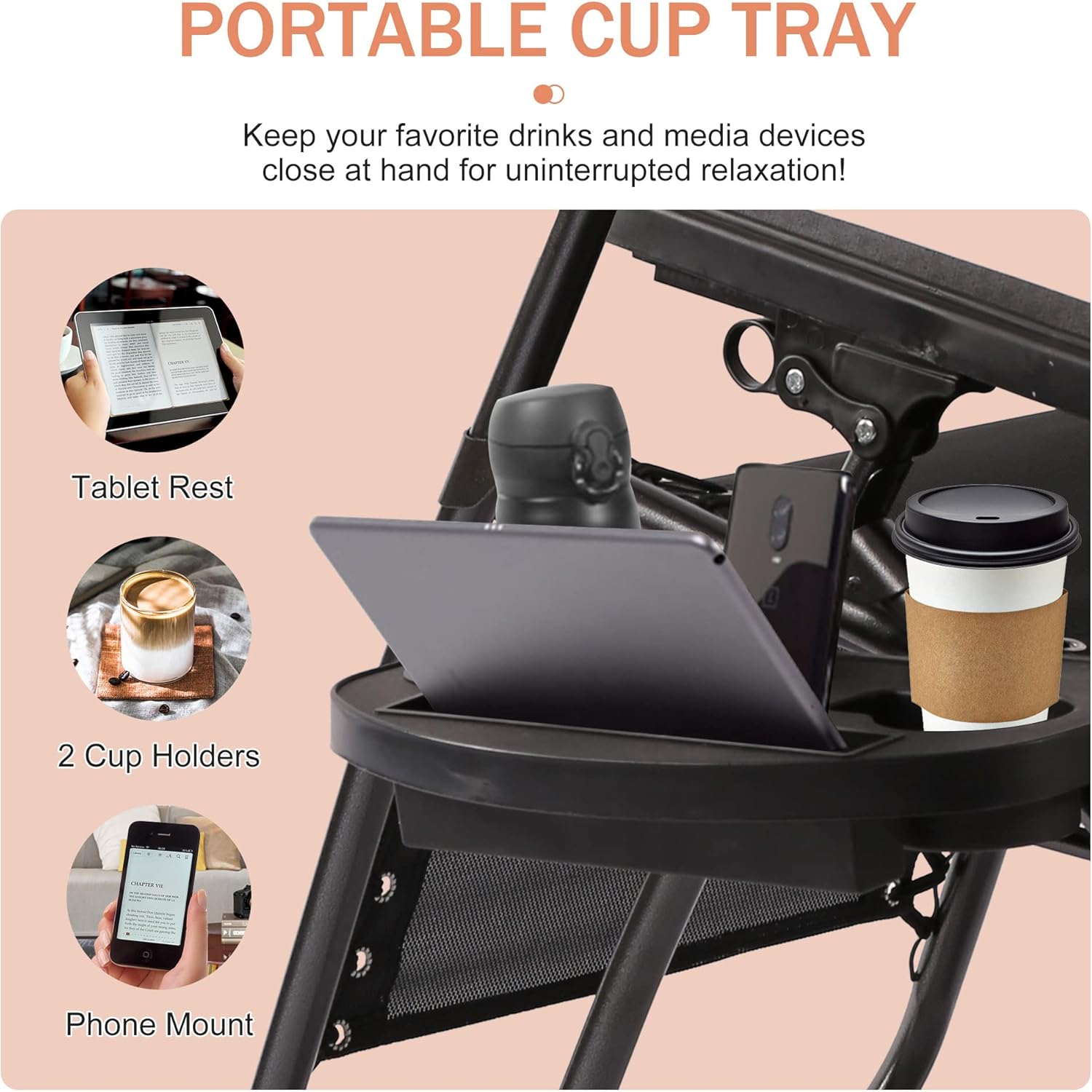 Zero Gravity Chairs, Folding Zero Gravity Chairs Set of 2, Gravity Chair with Adjustable Headrest and Cup Holder, Zero Gravity Chair for Outdoor Indoor Poolside Backyard Beach Patio Lawn, Black