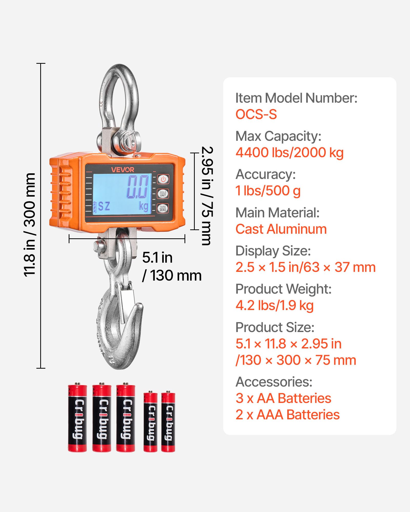 VEVOR Kranwaage 2000 kg, Digitale Hängewaage, Industriewaage mit Gehäuse aus Aluminiumguss & LCD-Display, 500-g-Teilung & 3-Stufiger Schalter, Fernbedienung, Hakenwaage für Garage & Fabrik