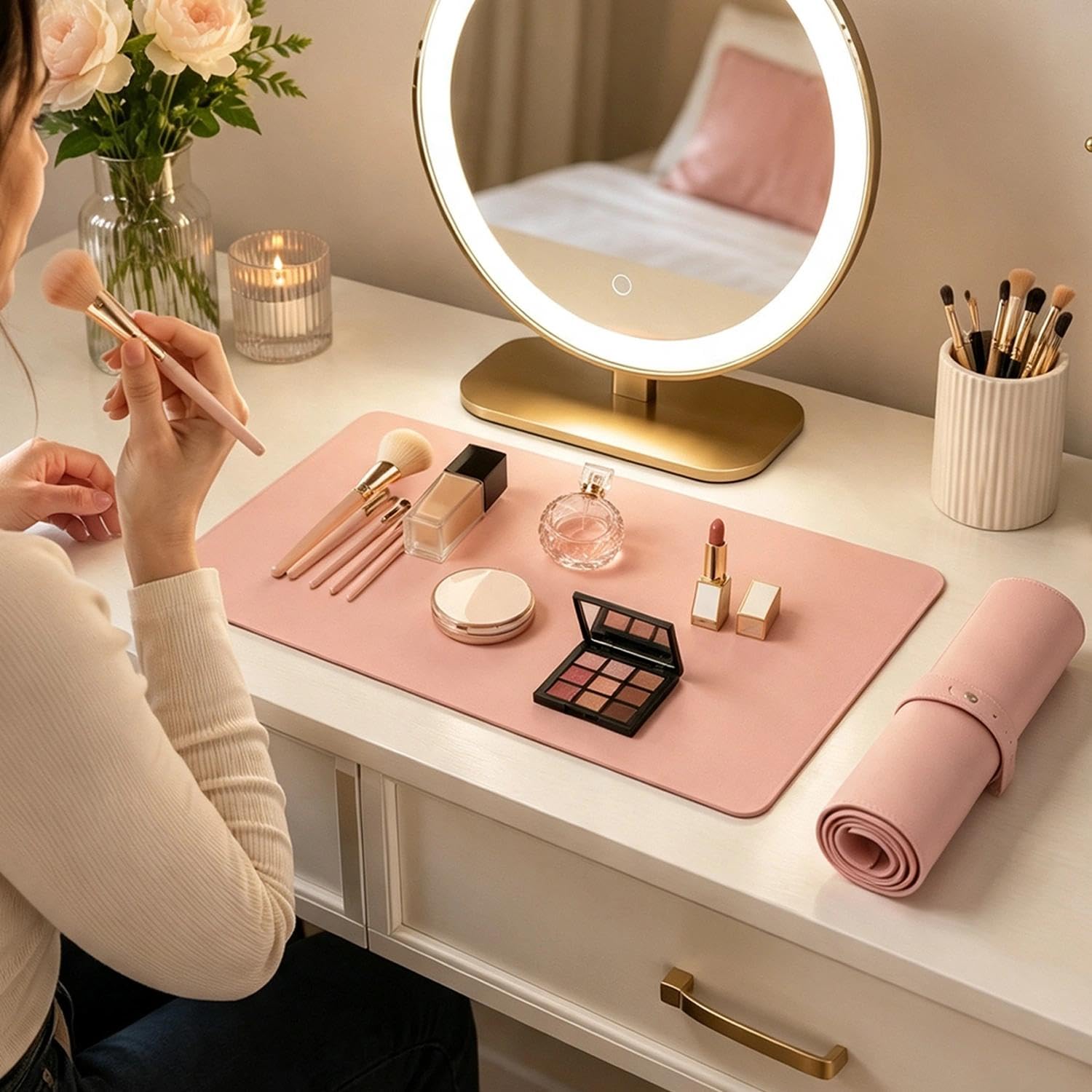 50x30cm Leather Make Up Mat For Dressing Table, Pink Nail Art Table Pad