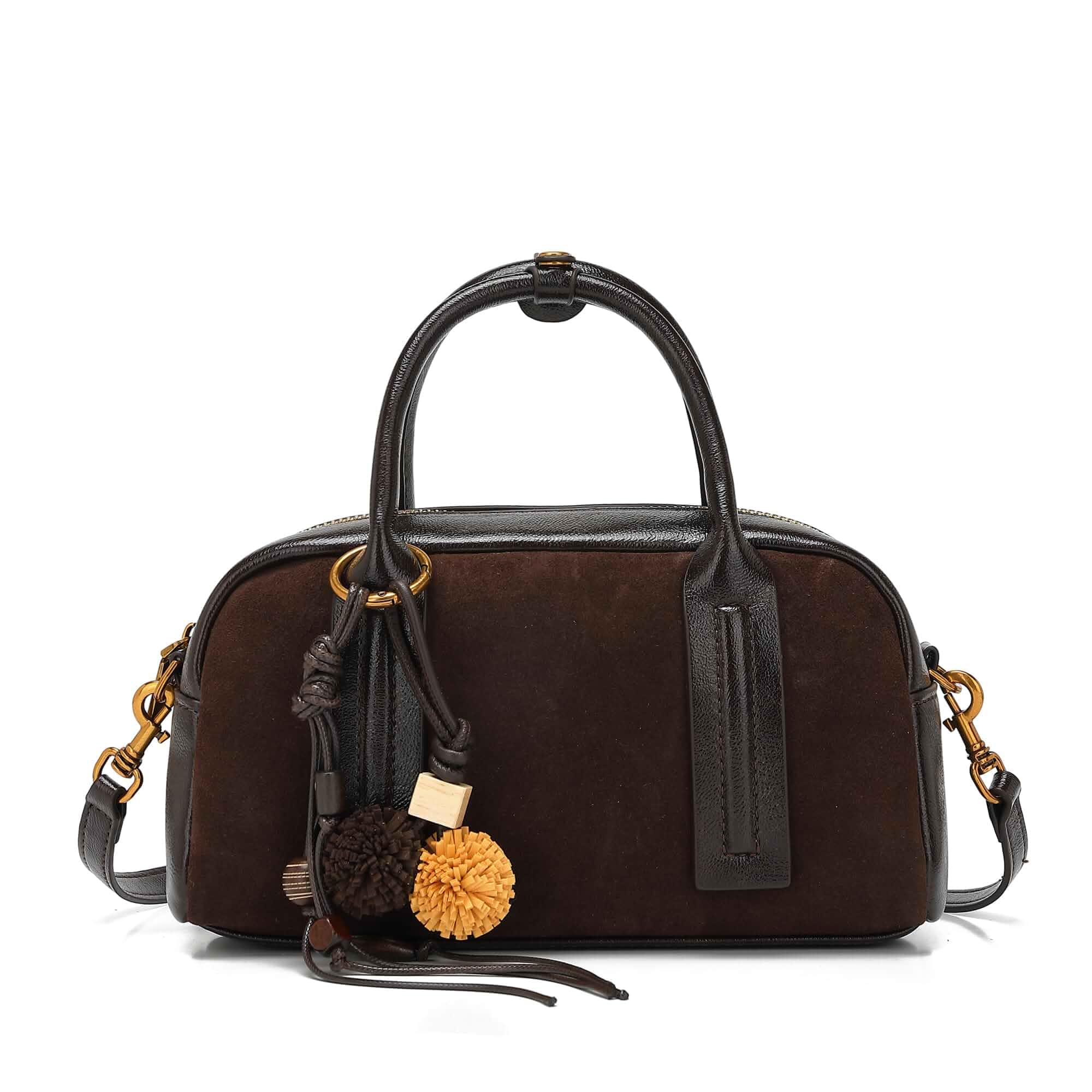 Vintage Suede Boston Bag for Women, Retro Top Handle Satchel Purse with Crossbody Strap, Bowling Handbag