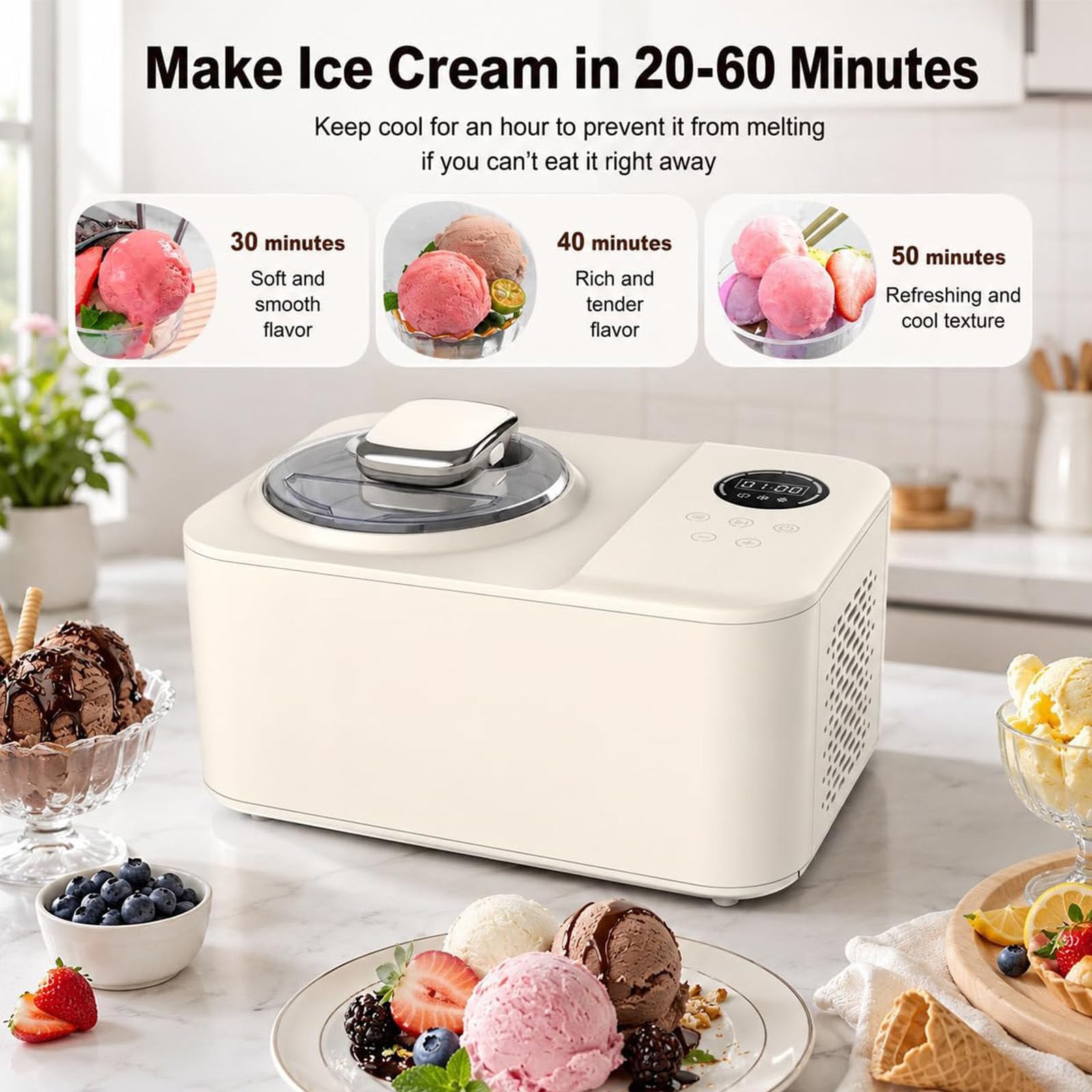 Mini Macchina per Gelato in Acciaio Inossidabile, 1,2 L Automatica per Servire Dolci, con Display a LED per Una Facile Pulizia, Ideale per Snack Bar E Uso Familiare