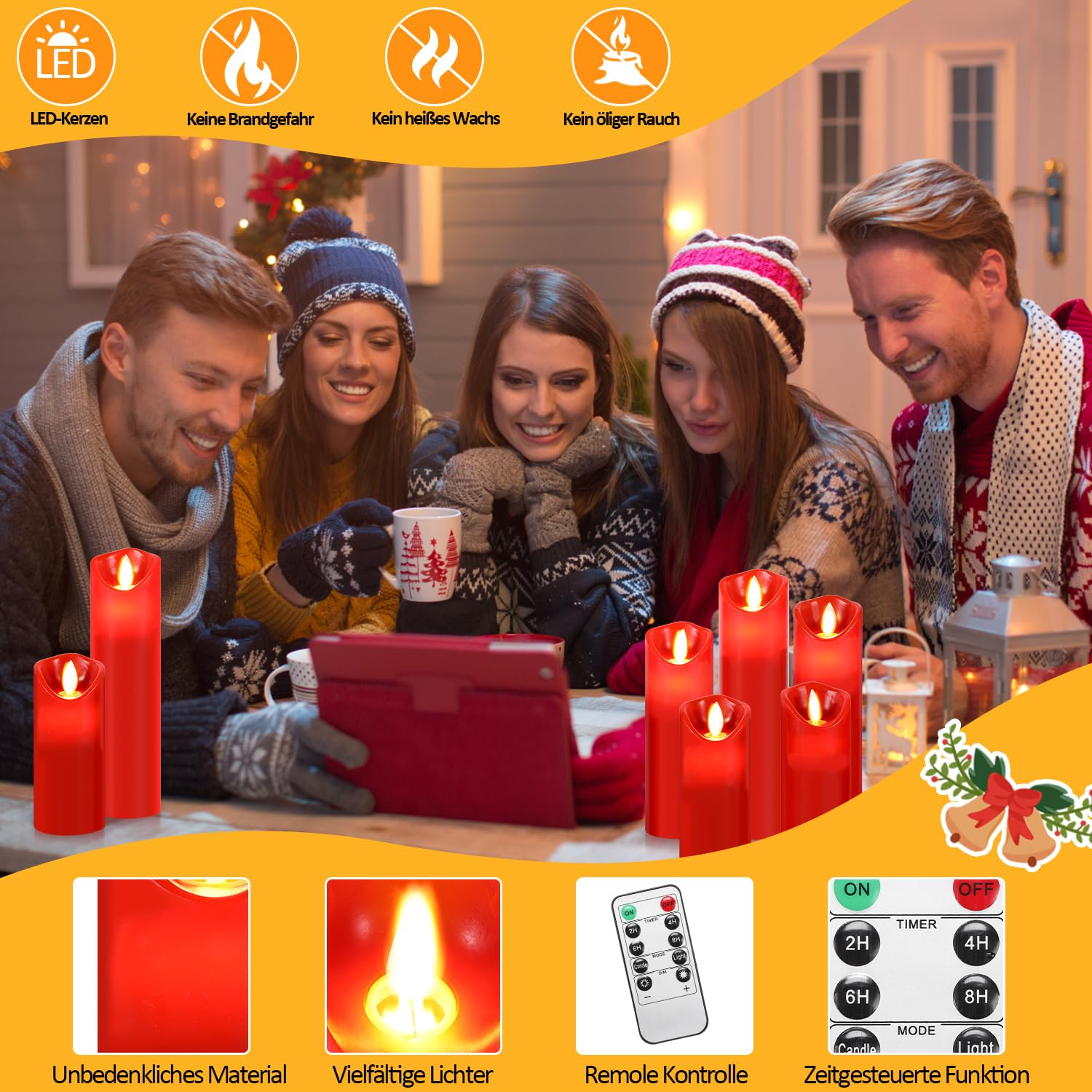 Randaco Led Kerzen mit Timerfunktion | Led Kerzen Flackernde Echtwachs mit 10-Tasten Fernbedienung |5er Set 13/14/16/18/20CM Flammenlose-Kerzen, Led-Kerzen (Rot)