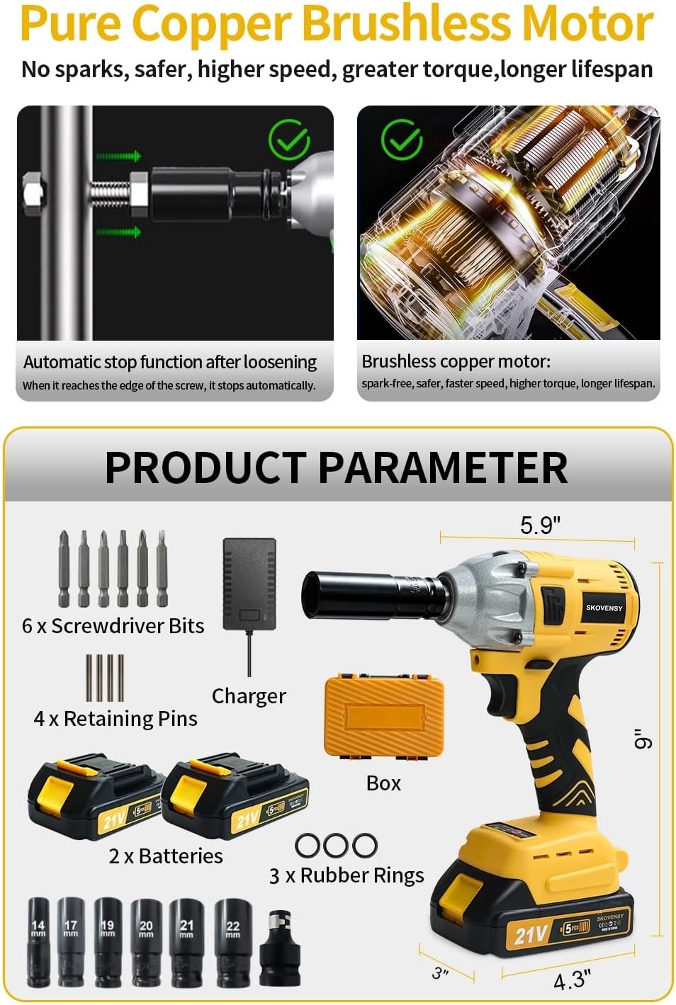 Cordless Impact Wrench 258Ft-lb（350N.m）, 1/2 Impact Gun, 2 Batteries, Pistola de Impacto, with 6 Sockets, Electric Impact Driver for Car Tires and Home YELLOW