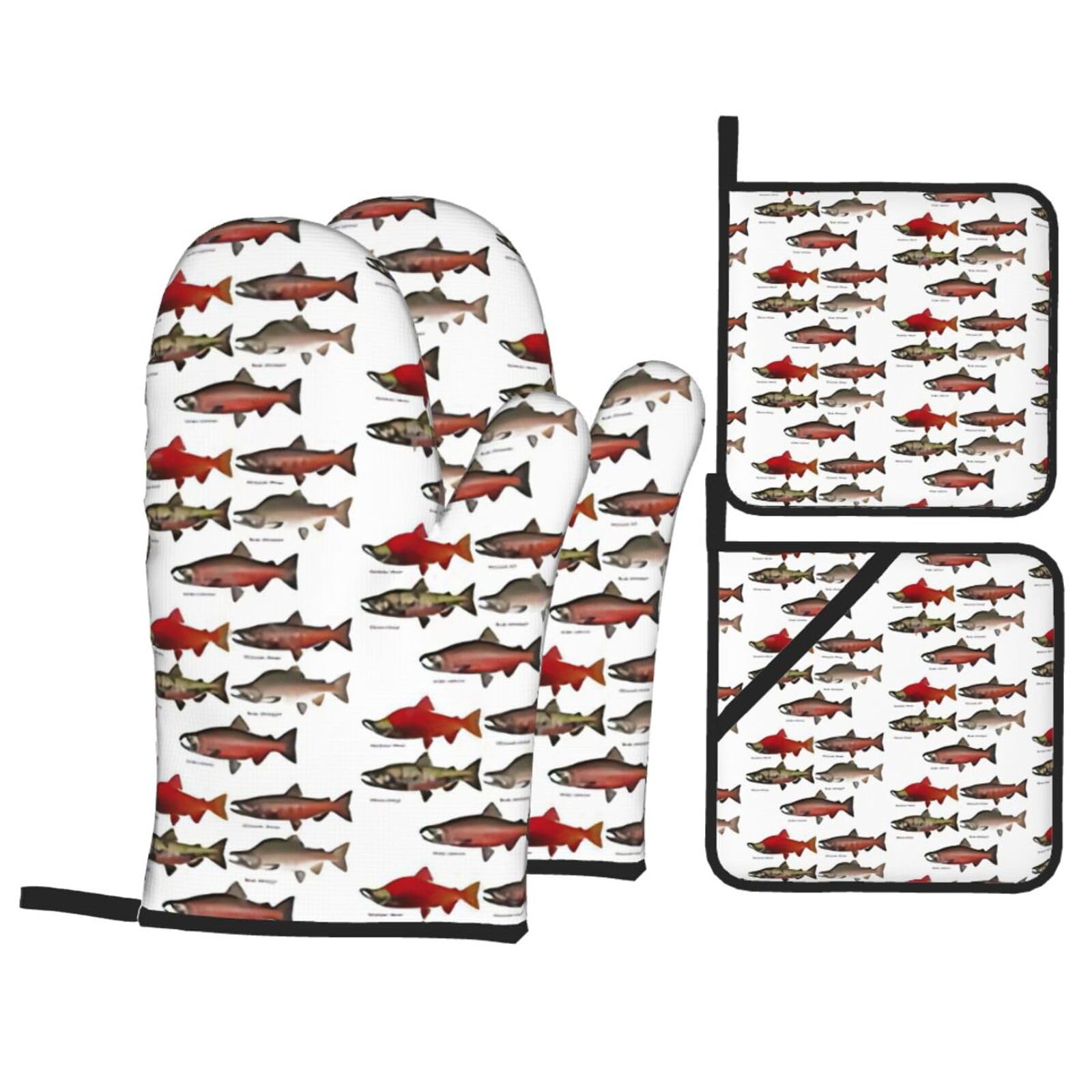 Manoplas de cocina con estampado de salmón para barbacoas seguras y platos al microondas