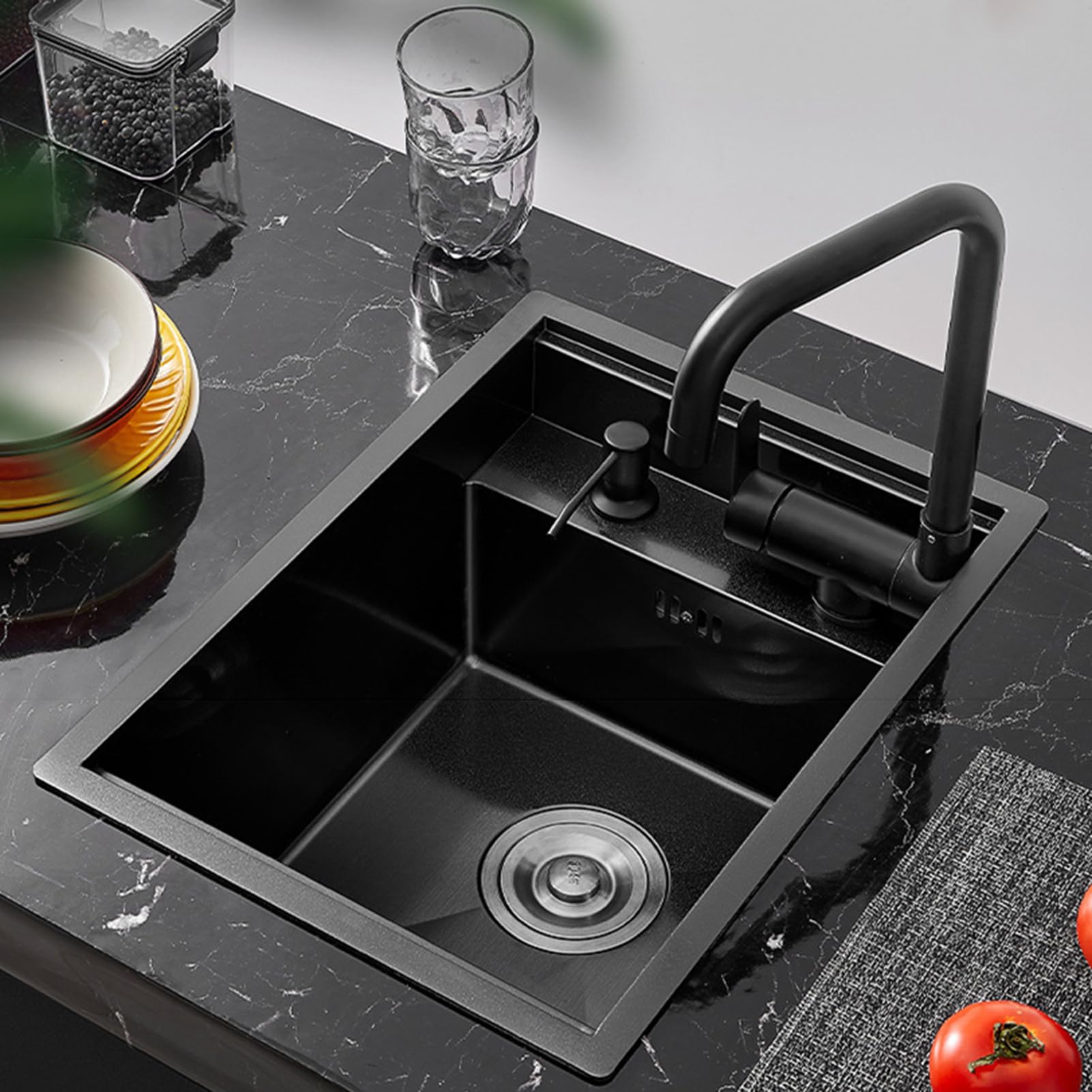 Évier de bar de cuisine dissimulé caché avec robinet pliable, évier de bar de station de travail encastrable en acier inoxydable dissimulé pour petite préparation véhicule récréatif (noir, 35 x 45 x