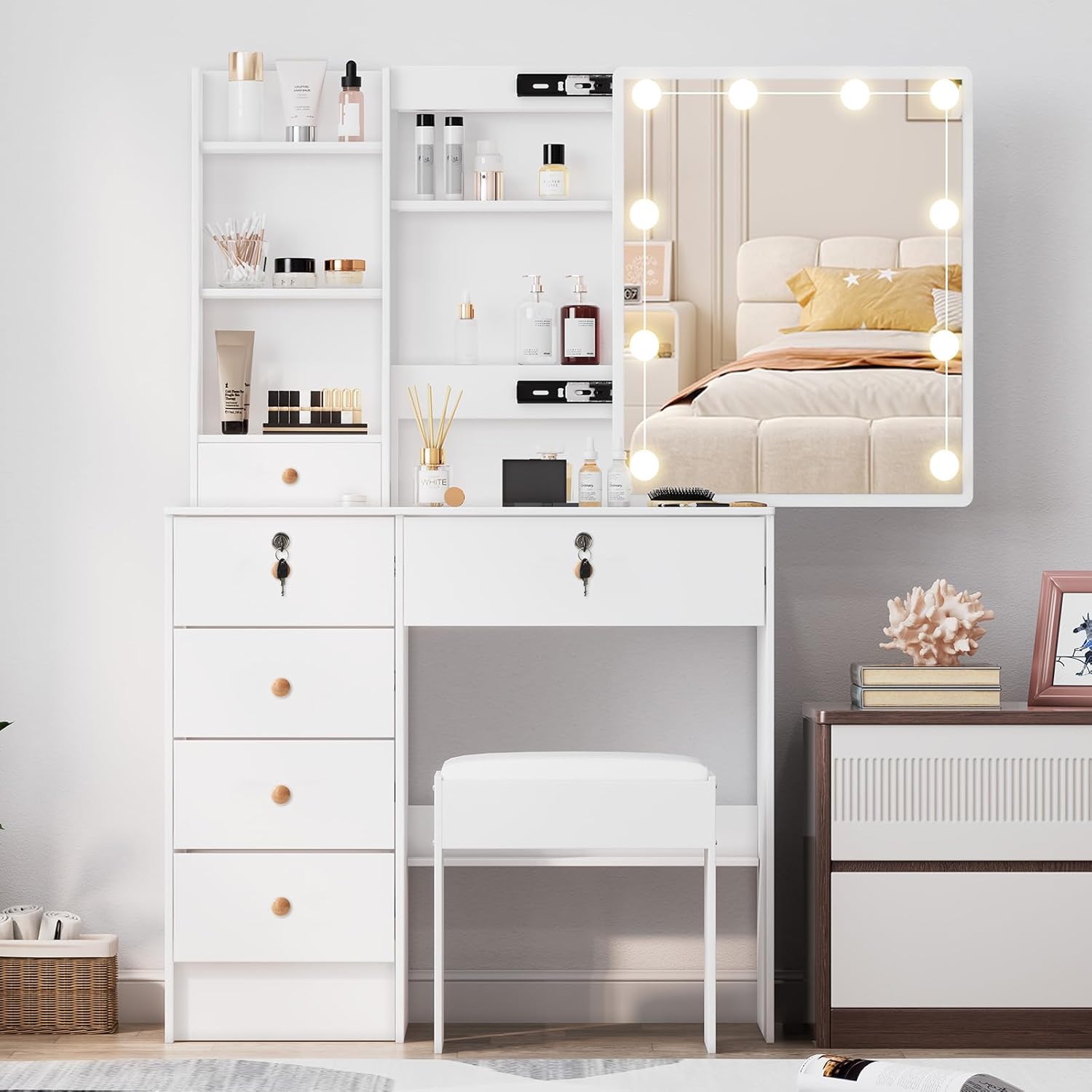 Vanity Desk with Mirror and Light,6 Drawers 7 Shelves 1 Chair & 2 Lock Cheap Makeup Vanity,3 Mods Light Adjustable & Silde Mirror Dressing Table for Girls,White,51.6''H