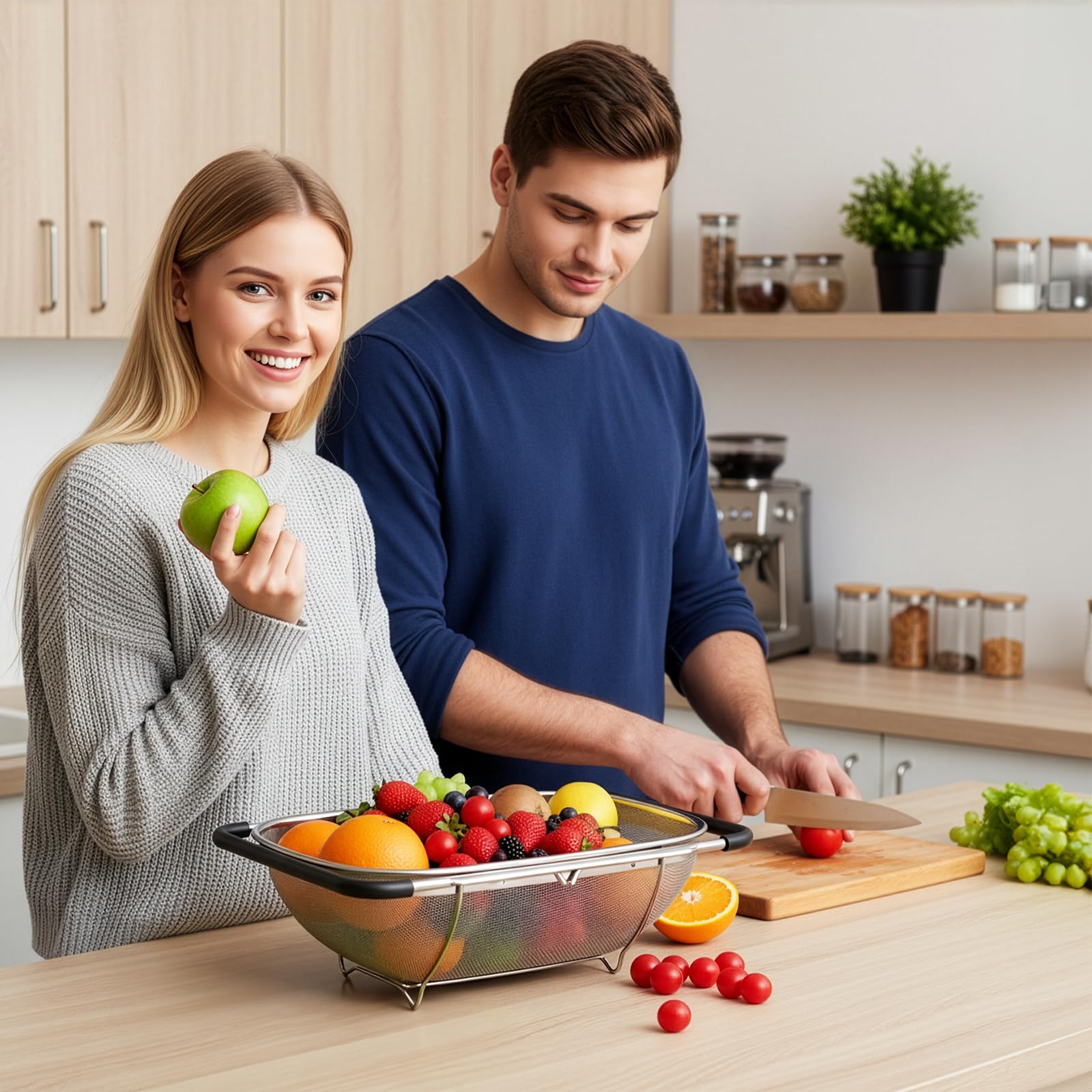 2 Stück über die Spüle ovalen Sieb für Küche, Edelstahl feines Netz 6 Quart Siebkorb, mit erweiterbaren Gummigriff Griffe zum Abseihen, Abtropfen, Spülen von Obst, Gemüse