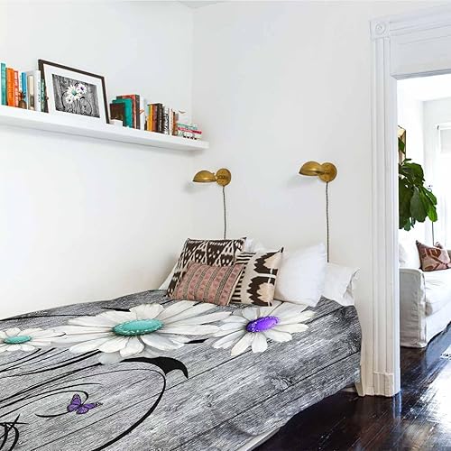 Miniatura 4 de Tapiz para colgar en la pared, tapices estéticos para dormitorio, margaritas moradas, color verde azulado, tablero de madera, tapiz de pared