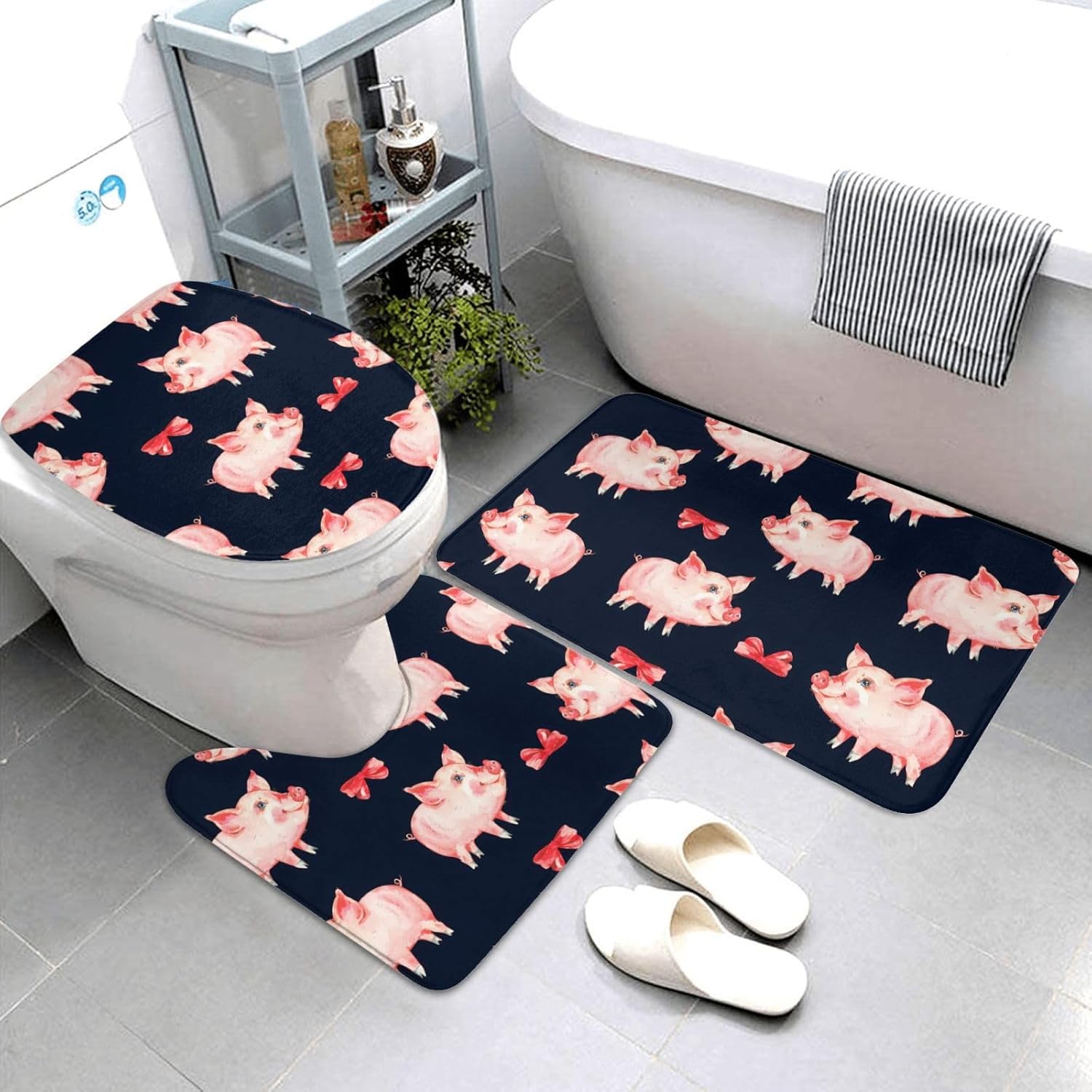 Red Cute Piggy Bathroom Rugs Sets 3 Piece, Bathroom Rug Set 31.5x20in