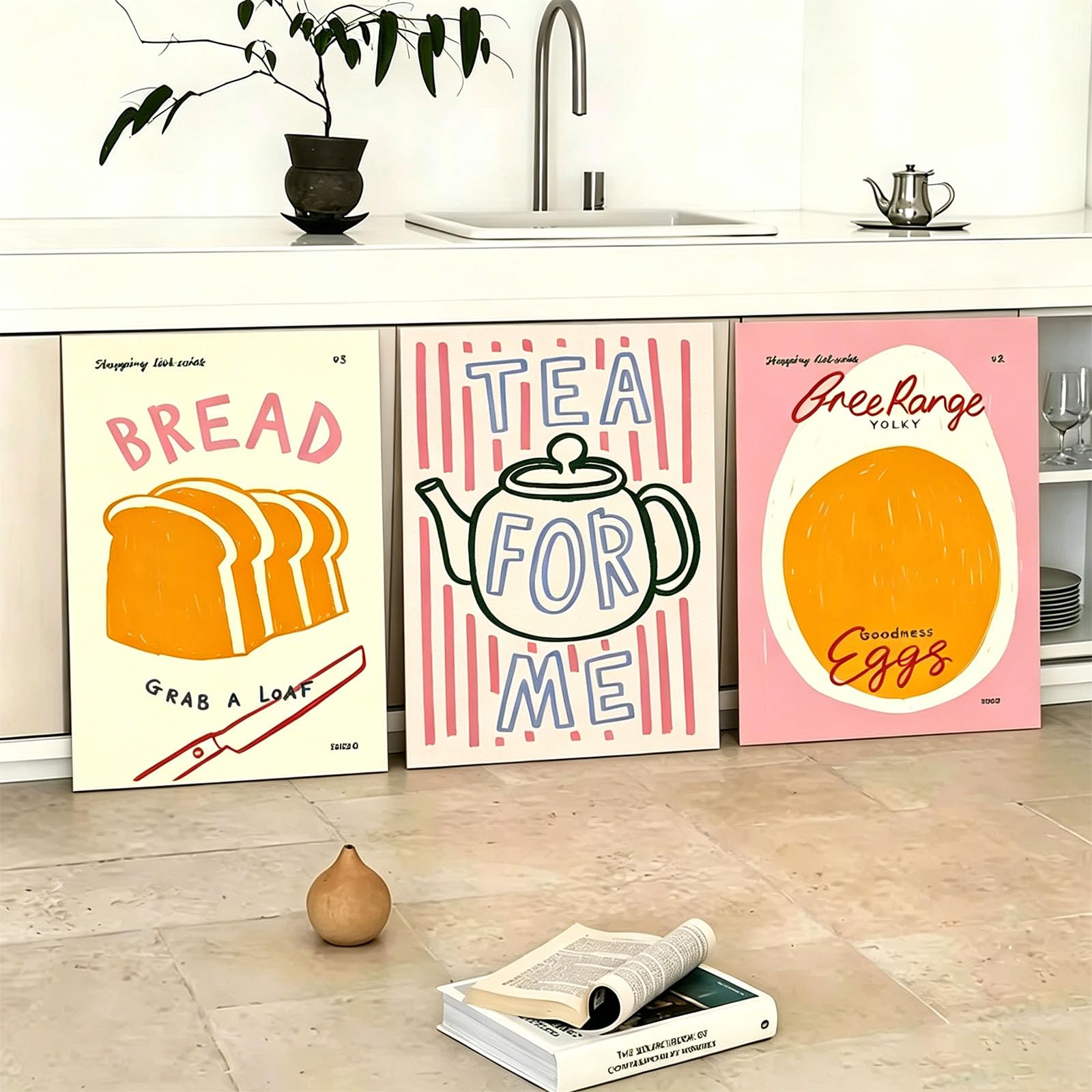 JORCEDI Set of 3 Kitchen Posters, “Let's Eat” Sayings & Chili-Themed Wall Art, Retro Canvas Prints, Stylish Wall Decor for the Dining Room, Unframed (NOP,30x40cm)