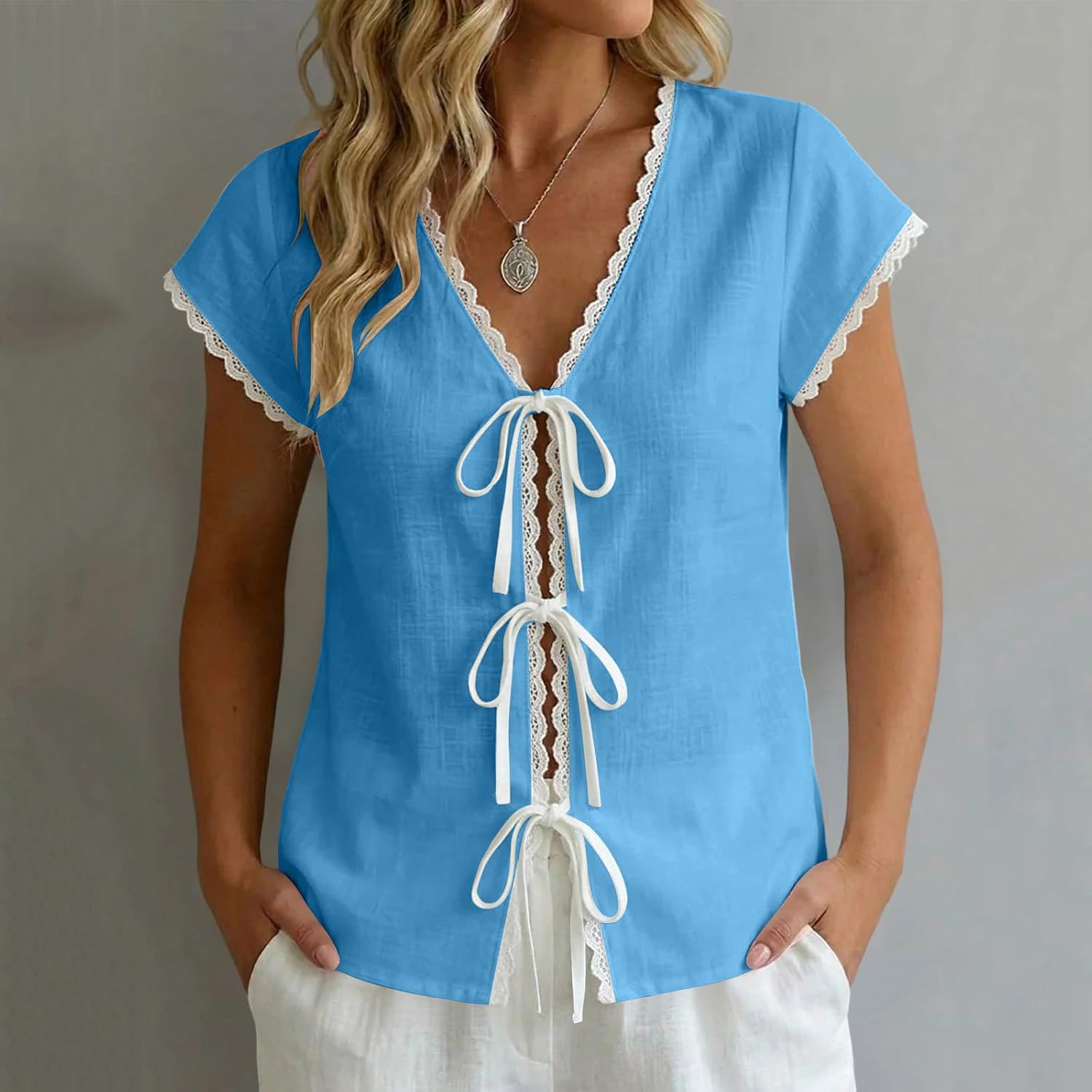 Womens Blouses Cotton Linen Tops V Neck Lace Tie Front | Womens Cotton Linen Tops V Neck Lace Tie Front Short Sleeve Shirts Summer Casual Gauze Blouses