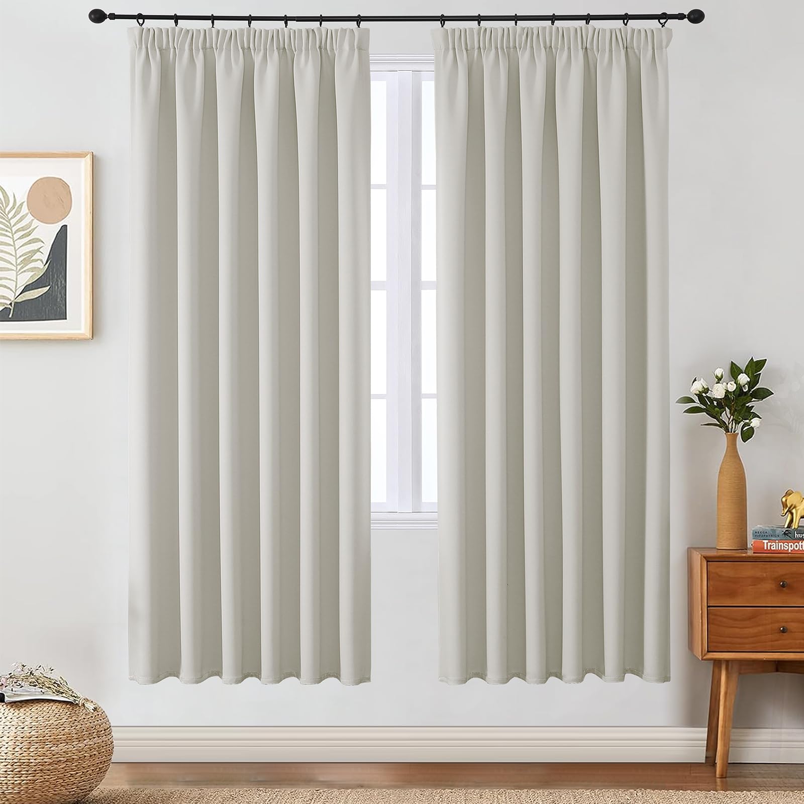 VEHEDE Light Beige Blackout Curtains for Living Room – Pencil Pleat Thermal Curtains, Noise Reducing & Privacy, W46 x L72 Inch, Navy Blue, 2 Panels