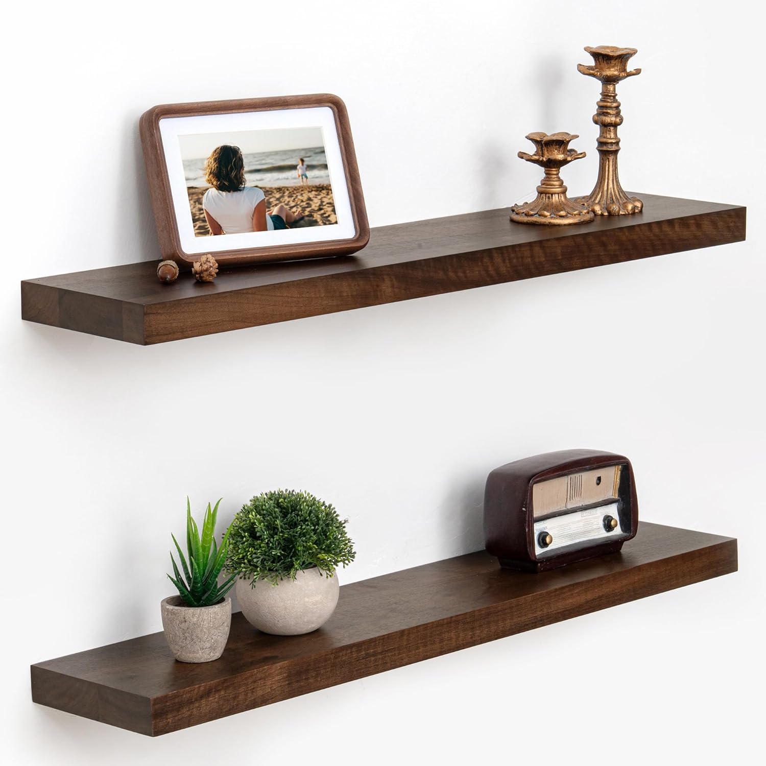 Axeman 30 inch Solid Black Walnut Floating Shelves for Wall, 6.7" Deep Real Wood Shelves for Home Decor, Wall Mounted Heavy Duty Bracket Shelf, Natural Wooden Shelves, Set of 2