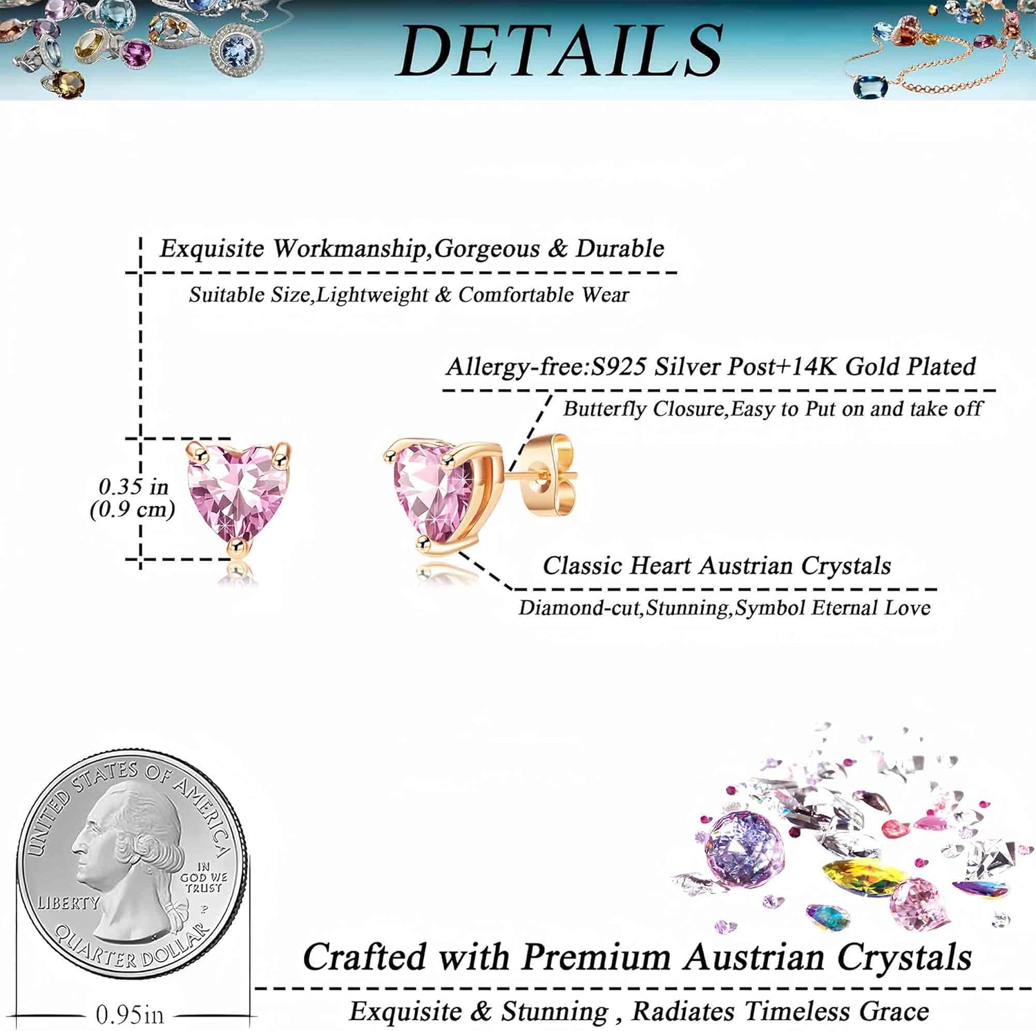 Heart Austrian Crystal Stud Earrings for Women Fashion 925 Sterling Silver Hypoallergenic Jewelry - Image 4