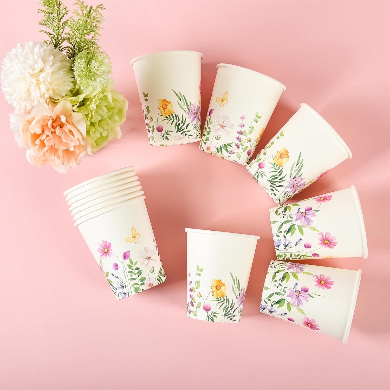 100Pcs Flowers Butterfly Paper Cups Spring Floral Disposable Party Cups 9oz Watercolor Wildflowers Drinking Cups for Hot Cold Beverage Bridal Wedding Shower Shower Party Supplies - Image 5