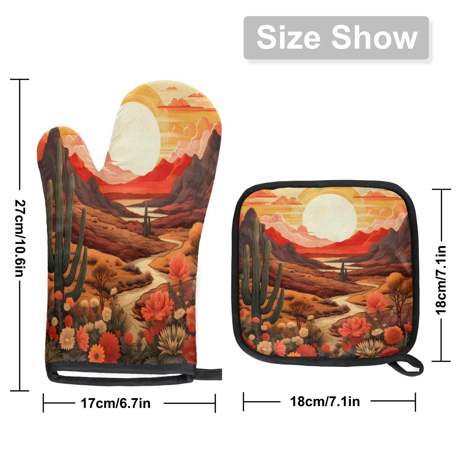 Desert Flower Cactus Oven Mitts Kitchen Oven Gloves for Cooking Baking Heat Proof Lining Cotton Kitchen Potholder Mittens Pot Holders Hot Pads for Chef Women Men