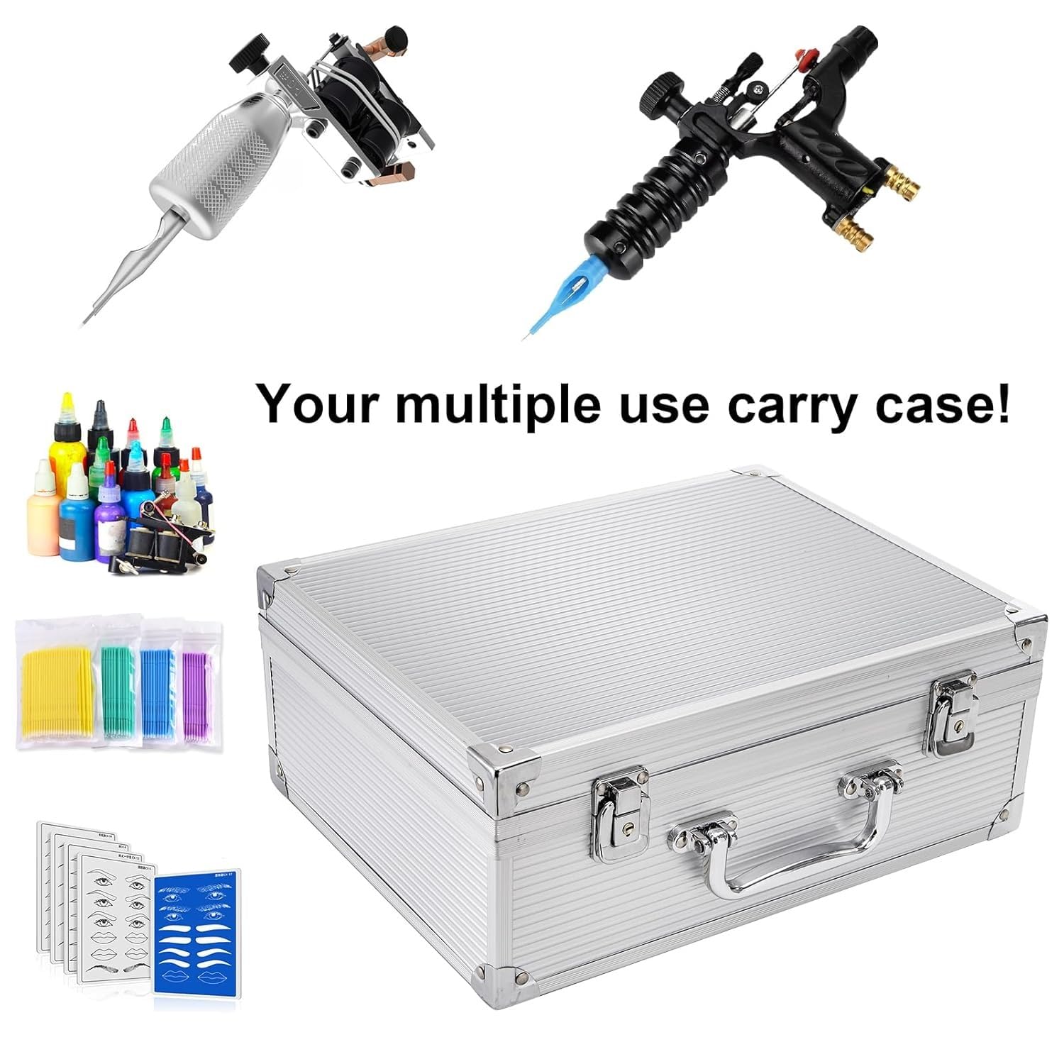 Large Tattoo Case Tattoo Kit Box - Aluminum Traveling Convention Carry Case (Silver)
