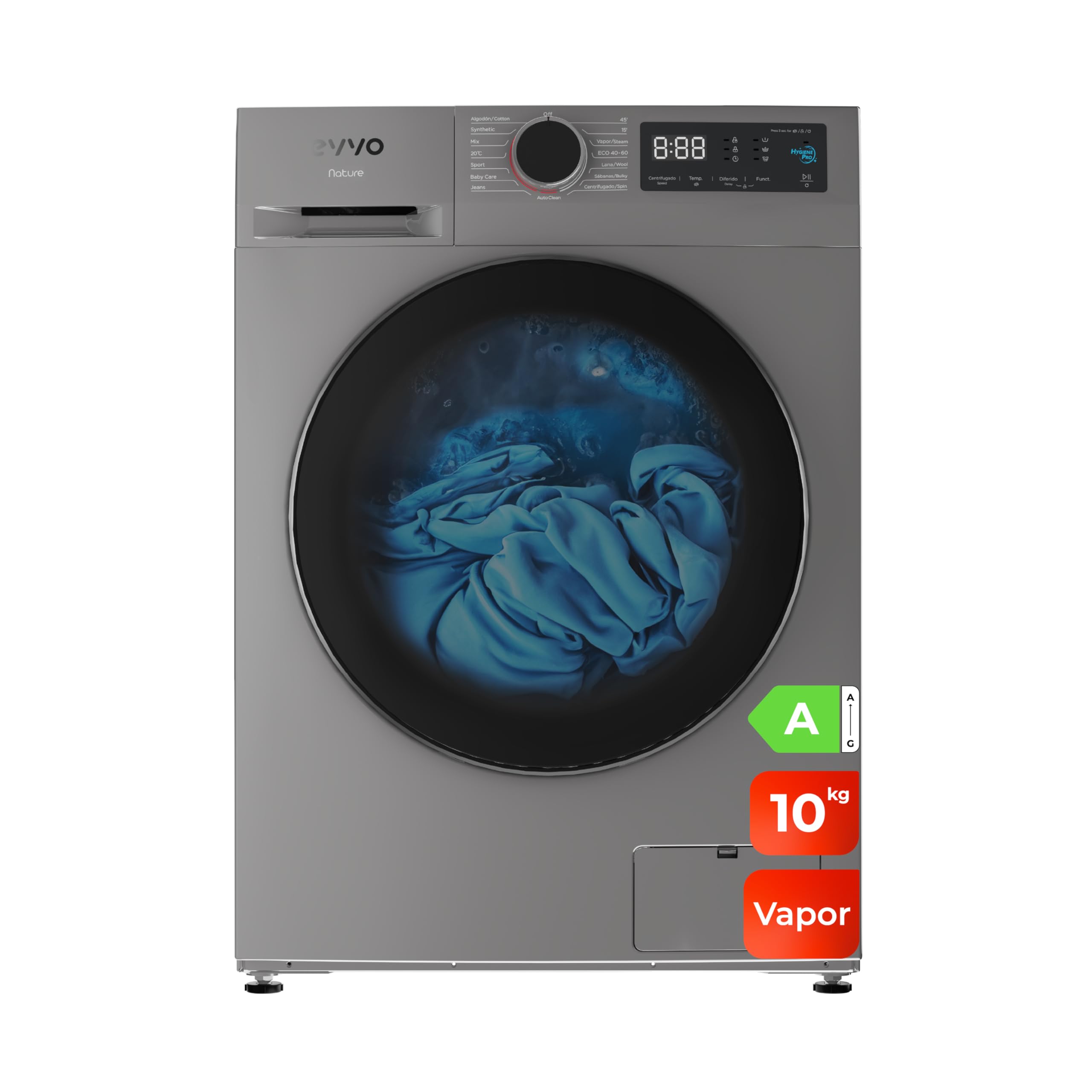 EVVO Lavadora 10 kg carga frontal Nature 10, 1350 rpm, Clase energética A, Motor Inverter, tambor diamante ePROTECT, 15 prog, Función Steam Wash, Lavado Rápido 15', Auto-limpieza Hygiene Pro, Inox Energy Label
