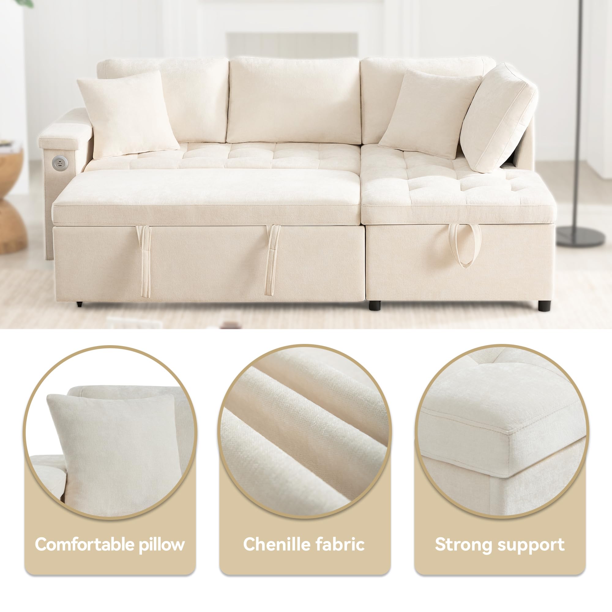 Couch mit Schlaffunktion, 3 Sitzer Ecksofa mit Schlaffunktion Überzug L Form Schlafsofa und 2 Kissen, Beige, L209 x B130 x H84 cm