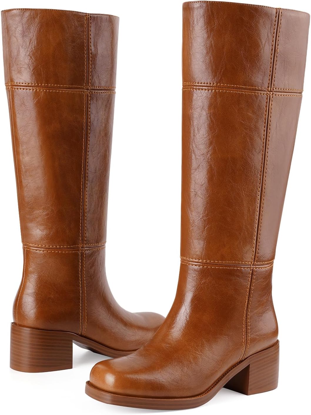 DREAMSTORY Knee High Boots for Women Square Toe Chunky Block Heel Tall Boots Comfortable Low Heel Pull On Mid-Calf Boot