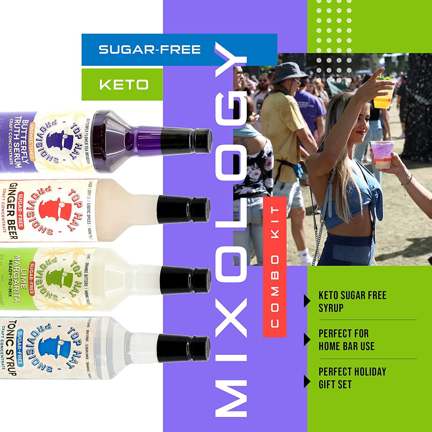 Top Hat Skinny Keto Sugar Free Mixology Combo Kit - Alcohol Free Drinks & Home Bar Cocktail Mixer Gift Set - Ginger Syrup, Tonic Syrup, Margarita Mix & Butterfly Truth Serum - Naturally Sweetened with Monk Fruit - Mixers for Skinny Cocktail Drinks - 4 Pack 32oz Bottles