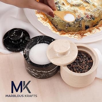 MARBLOUS KRAFTS Marble Salt Cellar 3 Black Zebra and Verona Flaky Salt Bowl & Pepper with Lid, Home Storage and Modern Sugar Containers