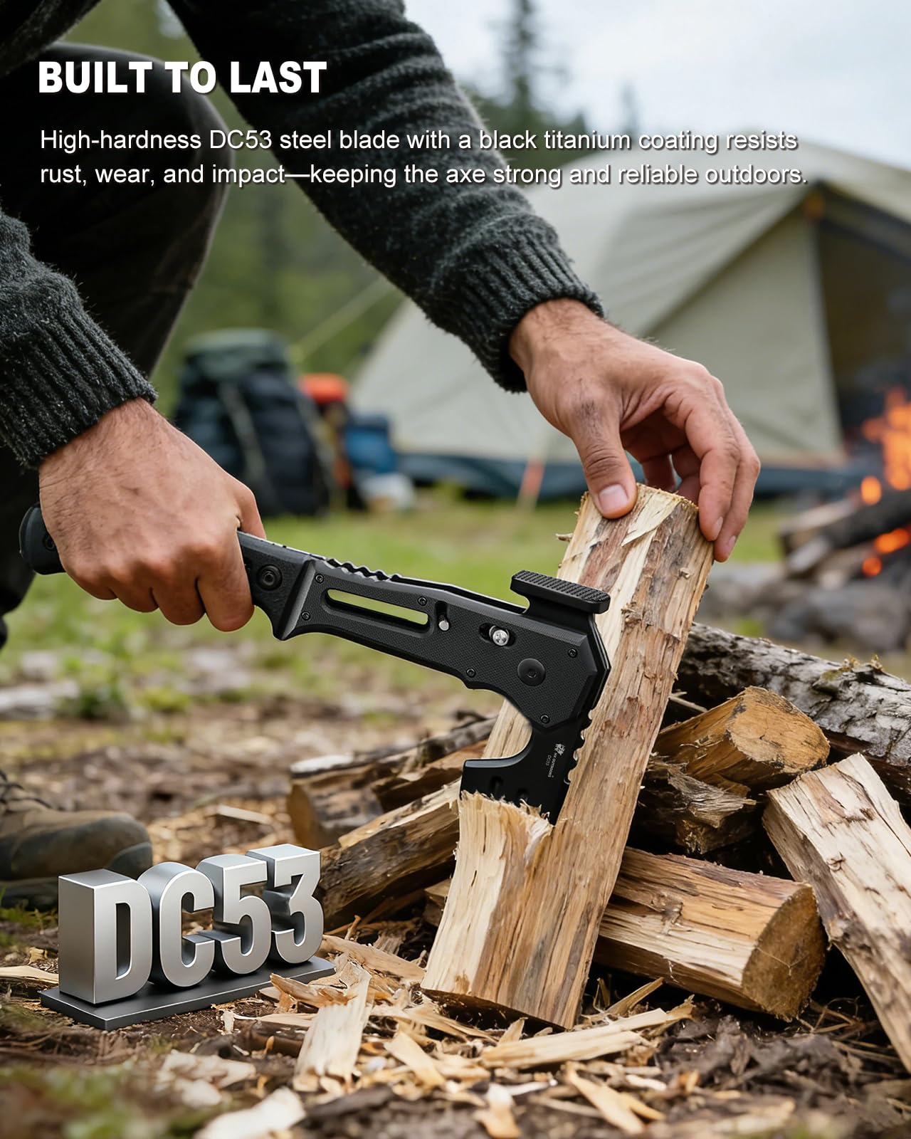 HX OUTDOORS Ascia Tattica Pieghevole da Sopravvivenza, Lama in Acciaio DC53 con Titanio Nero, Ascia da Campeggio con Martello e Apribottiglie, Accetta Pieghevole con Impugnatura G10