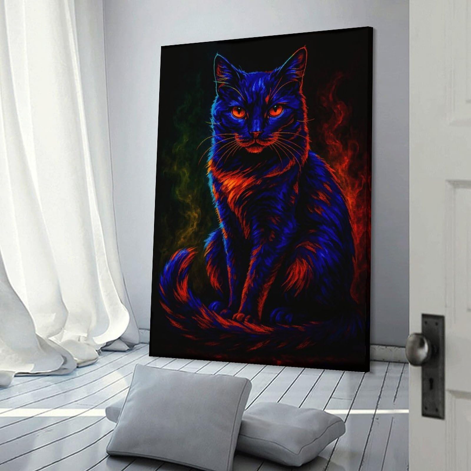Junmoney Home Decor Wall Art Neon Cat Portrait, 24x36inch(60x90cm), for Workspace Walls, Study Corners Or Bedrooms, A Smart Decor Choice for Study Walls
