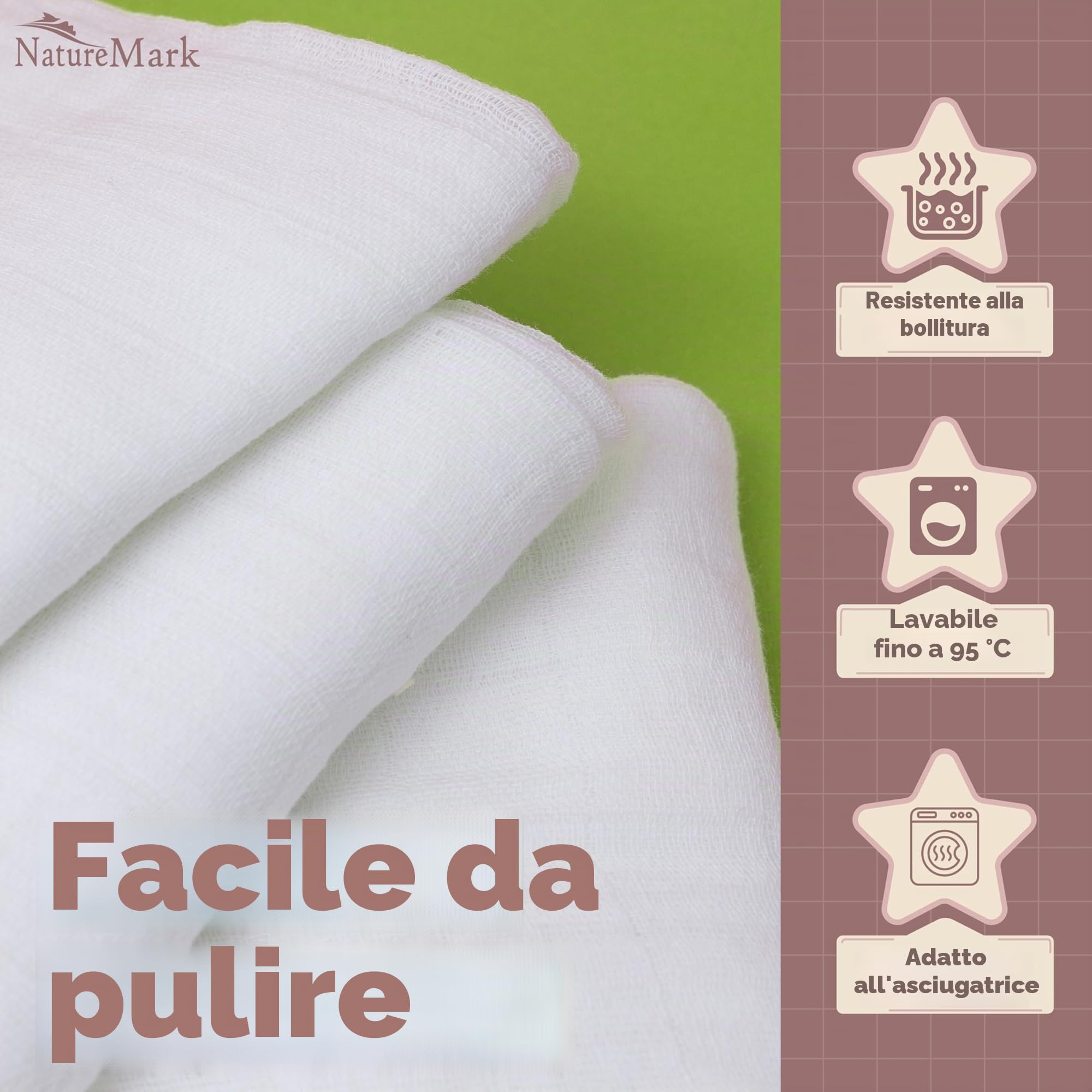 NatureMark Set da 10 Panni in Mussola per Bambino 100% Cotone 70x70 cm Bianca