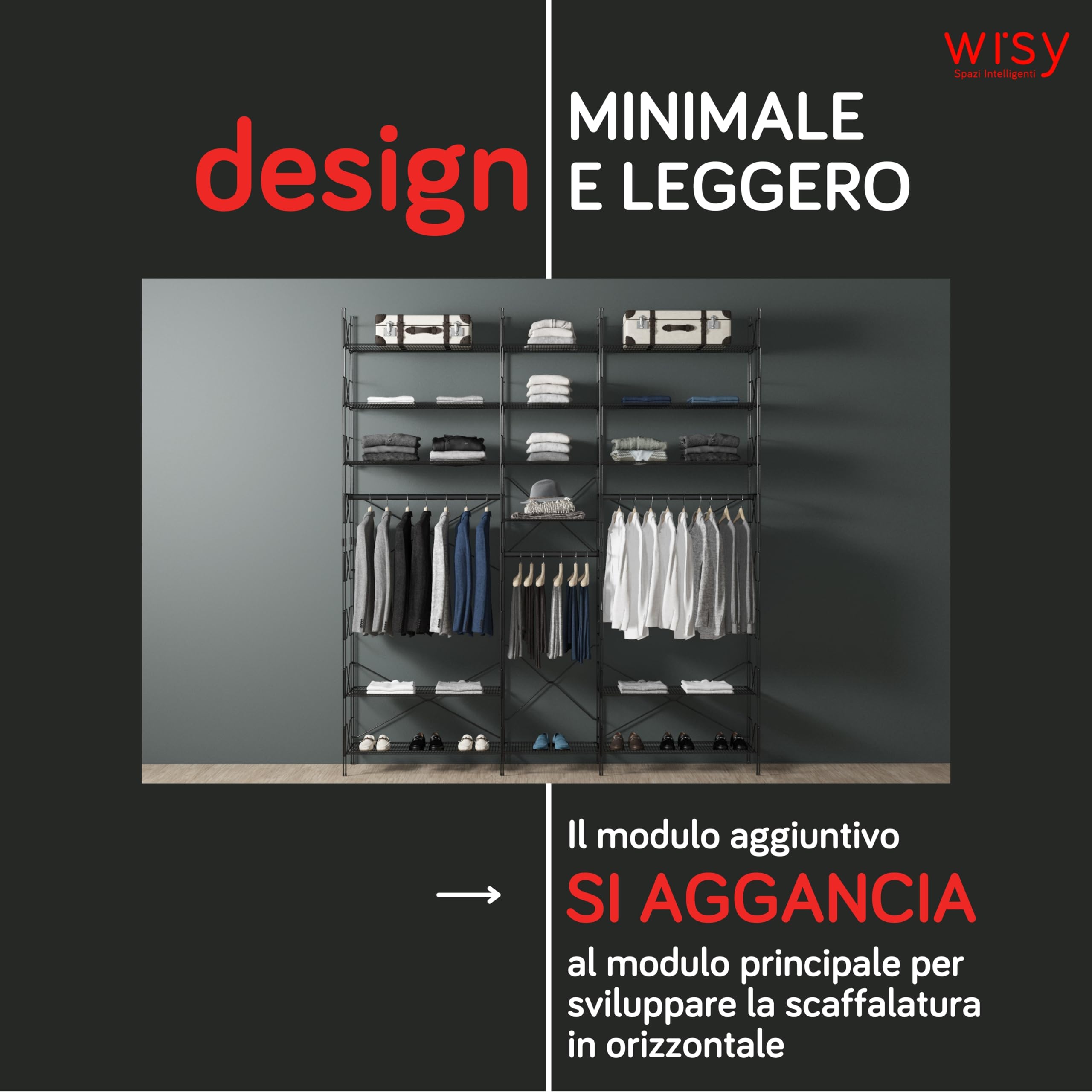 Wisy Scaffalatura Metallo 90x50x40 cm Modulo Aggiuntivo per Scaffale Metallo Garage, Scaffale Ufficio Modulare in Filo Metallico con Sistema di Aggancio Brevettato Made in Italy (90x50 cm)