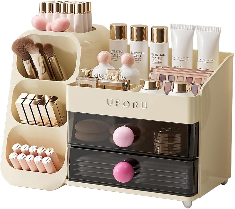 Organizador de maquiagem de mesa UFORU com porta-pincéis, 7 compartimentos, Cream White&Pink