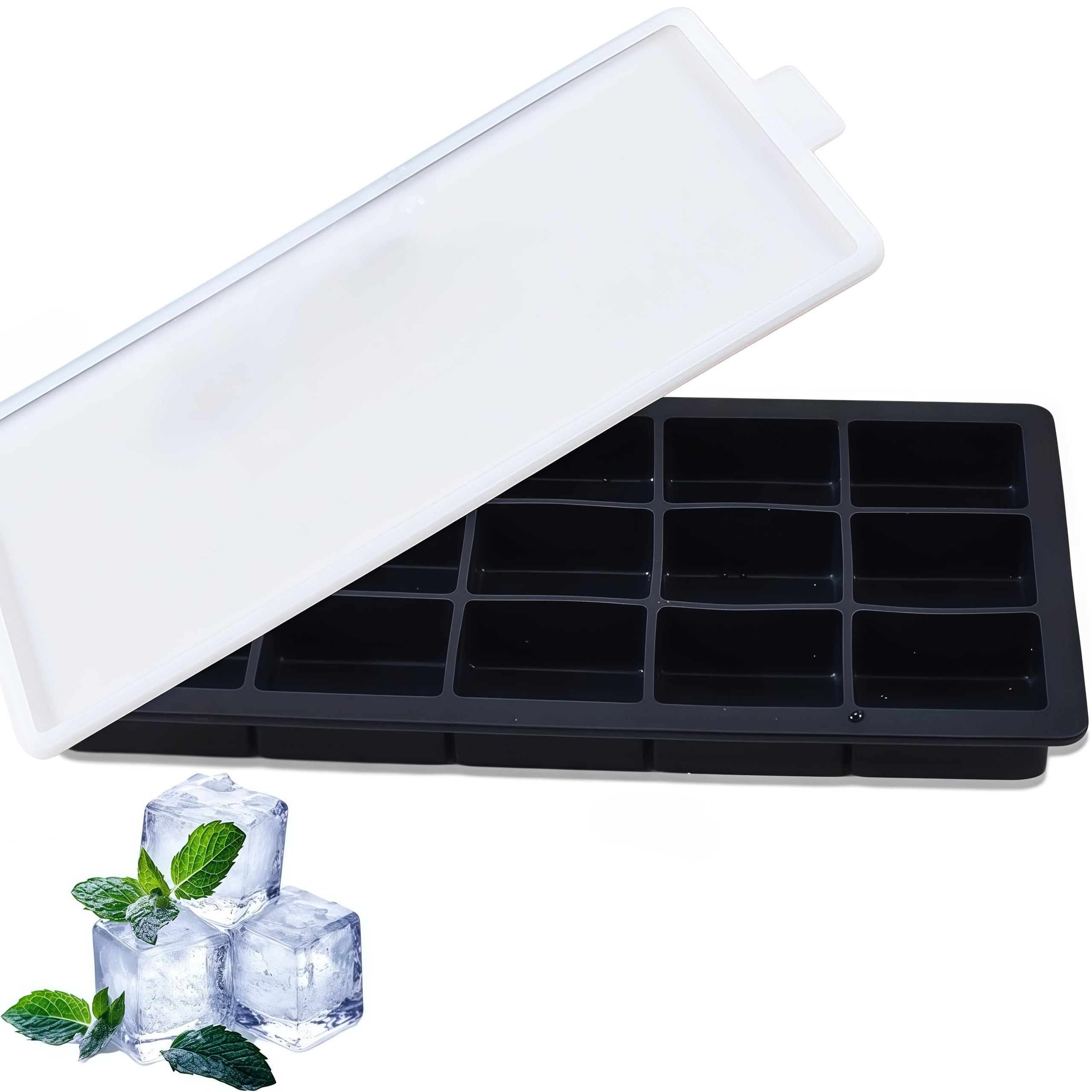 製氷皿 シリコン Mutenye 製氷器 蓋付き 15個取り アイストレー ソフト取り出しやすい 四角氷 家庭用 耐久性 省スペース 氷 つくる容器 (ブラック)