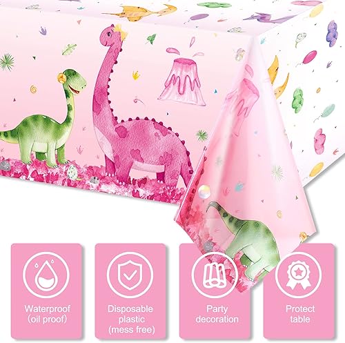 Miniatura 3 de Irenare 3 manteles de dinosaurio rosa para niñas, fundas de mesa rectangulares desechables de plástico con estampado de dinosaurios para niñas y