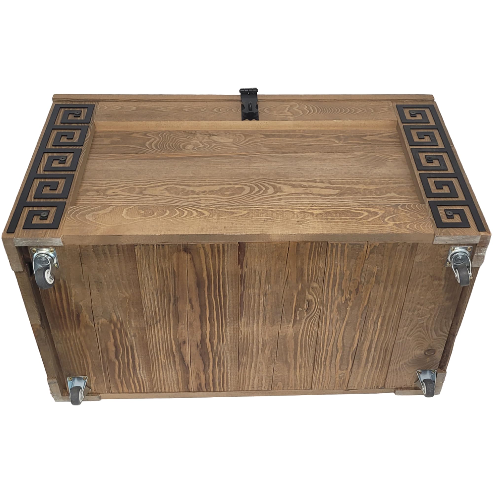 weeco Baúl de madera con diseño griego con ruedas, caja de madera de 80 x 47 x 45 cm, mesa de café, cofre del tesoro, mesa auxiliar, tapa plegable y espacio de almacenamiento, caja de muebles de