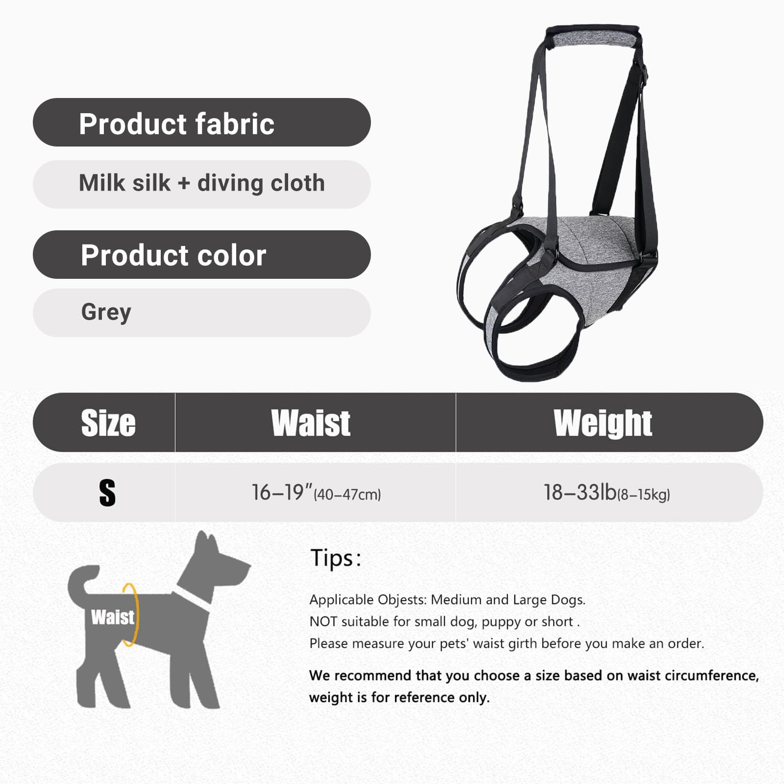 Imbracatura per Dog, Redipet per Cani, Tutore Zampa Posteriore Cane, Fascia per Sollevare Cani, Imbracatura per Dog, Harness Cane Zampe Posteriori, Disabili e Disabili. (S)
