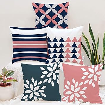BRICK HOME Polyester Cushion Cover (16 x 16 Inches, Pink Blue) -Set of 5
