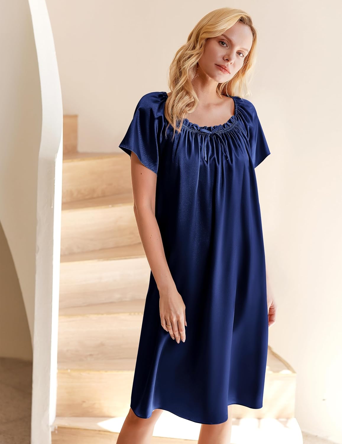 Ekouaer Women's Satin Silk Pleated Nightgown Loose Sleepwear Printed Nightshirt Short Sleeve Sleep Dress - Image 4