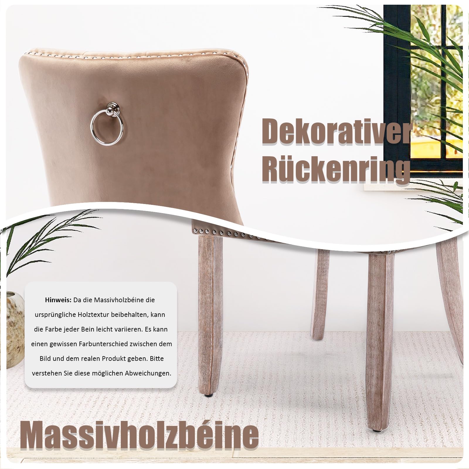 SoarFlash Esszimmerstühle aus Samt, mit gepolstertem Flügelrücken, Nietenbesatz, dekorativem Rückenring und Vollholzbeinen, 4er-Set, Khaki