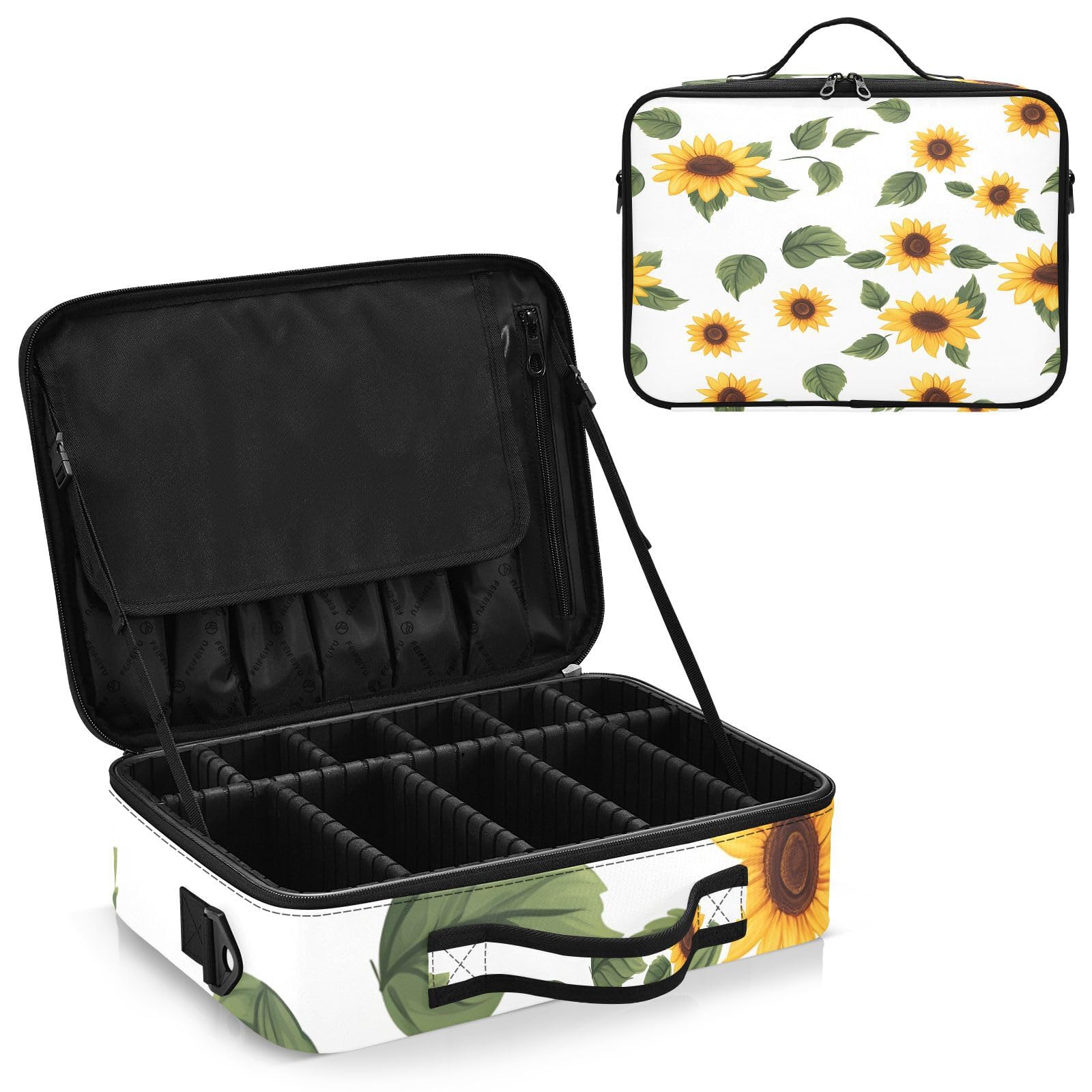 zyrtty Travel Makeup Train Case Sunflowers Leaves Pattern Cosmetic Organizer Portable Storage Bag with Adjustable Dividers for Cosmetics Brushes Toiletry Jewelry Digital Accessories